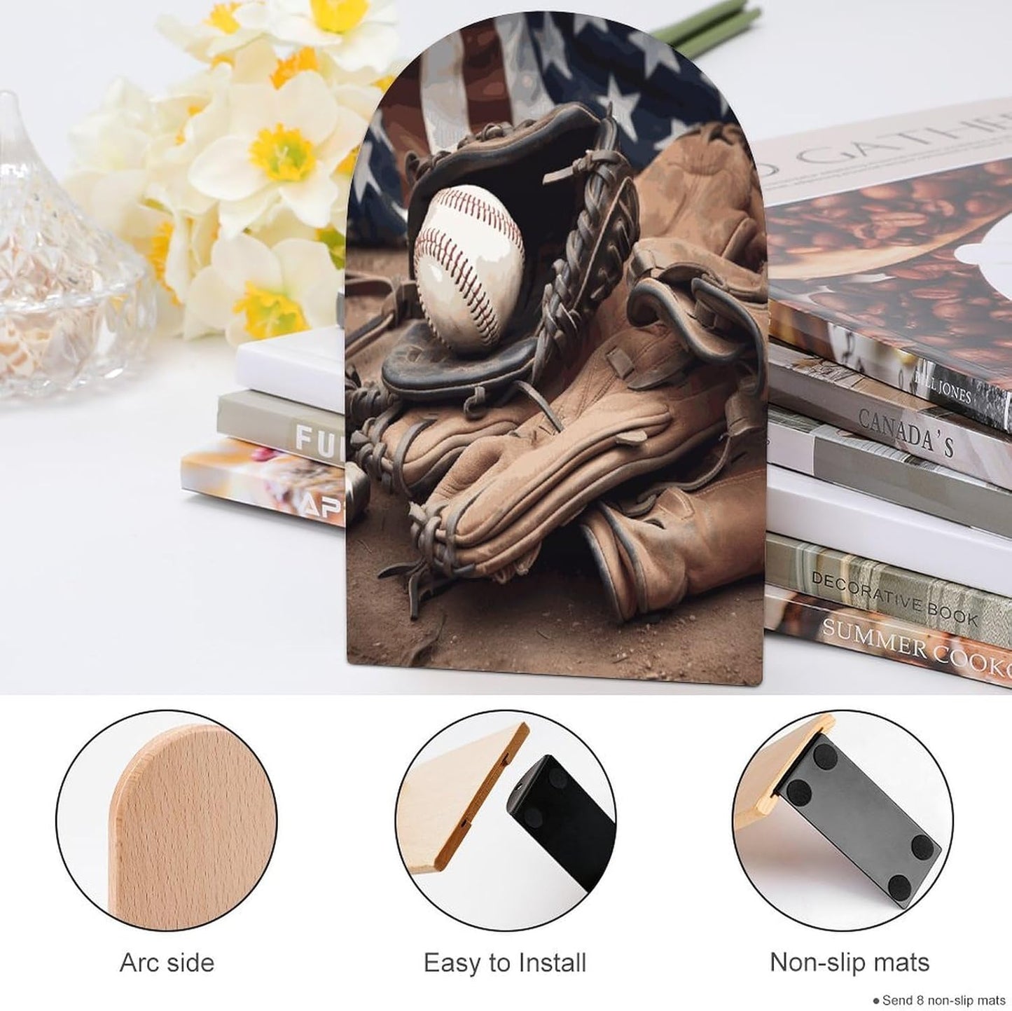 Baseball Equipment Bookend for Shelves Wooden Book End Large Size Sturdy Book Holders Stoppers with Metal Base for Bookshelves Slick Decorative Bookends Stands