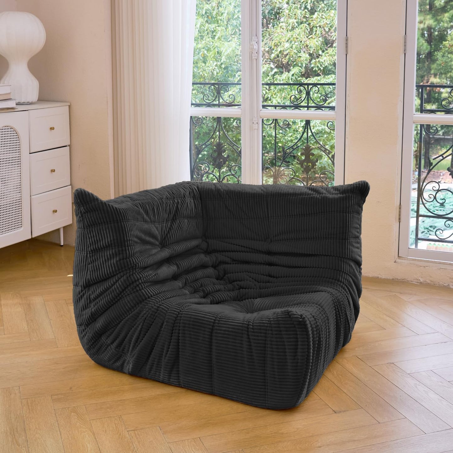 N&V Fireside Corner Chair, Mid Century Armless Floor Sofa, Soft Premium Corduroy Floor Lounge Chair, Foam Sofa Accent Chair for Living Room Bedroom and Office (Black)