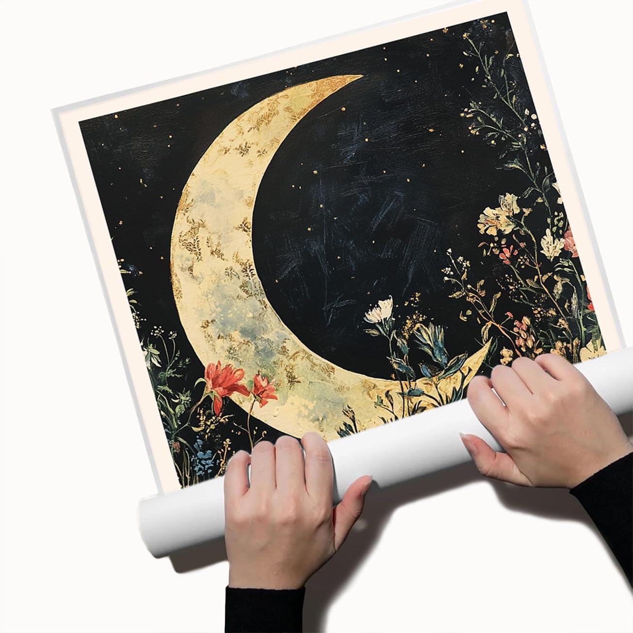 William Morris Style Moon Canvas Print Celestial Botanical Wall Art Gold Lunar Poster for Bedroom Meditation Nook or Bohemian Night Decor-11x14Inch Ready to Hang (Unframed)