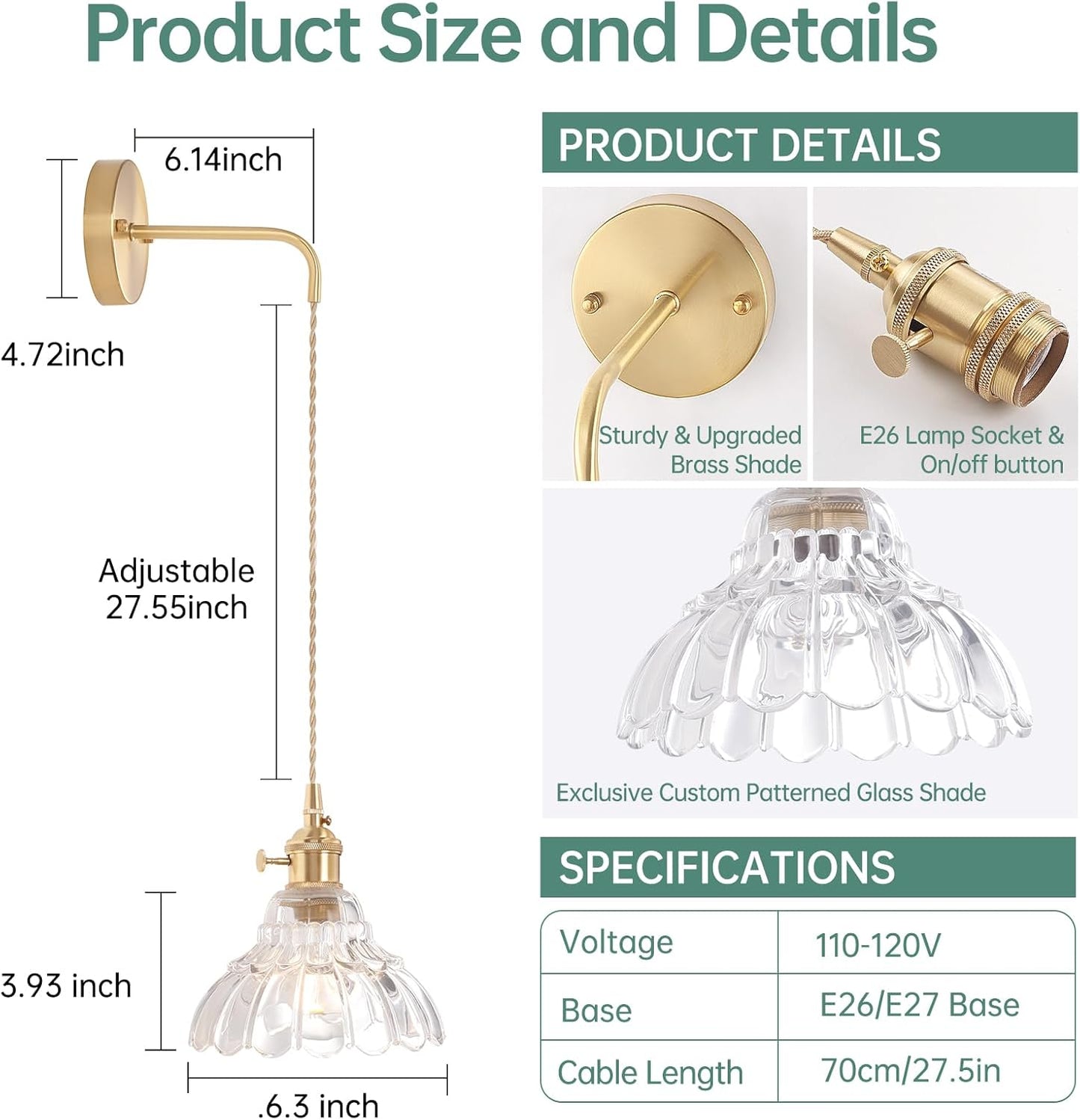 Vintage Wall Sconce with Clear Lily of the Valley Shade Pattern Glass Adjustable Chain Retro Gold Wall Mounted Light, Modern Wall Lamp Fixtures Decor for Bedside Bedroom Indoor Doorway