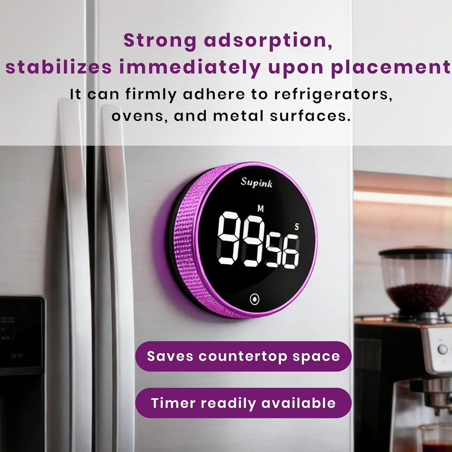 Magnetic Kitchen Timer, Digital Twist Cooking Timer with Large LED Display, Strong Back Magnet, Countdown & Count Up, 3 Adjustable Volume for Kitchen, Study, Classroom, Office (Rose Purple)