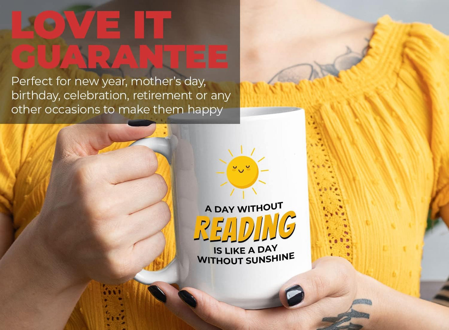 Bubble Hugs Book Lover Coffee Mug 15oz White - A Day Without Reading - Reading Reader Sunshine Book Addict Lover Bookish Novelist Librarian Writer