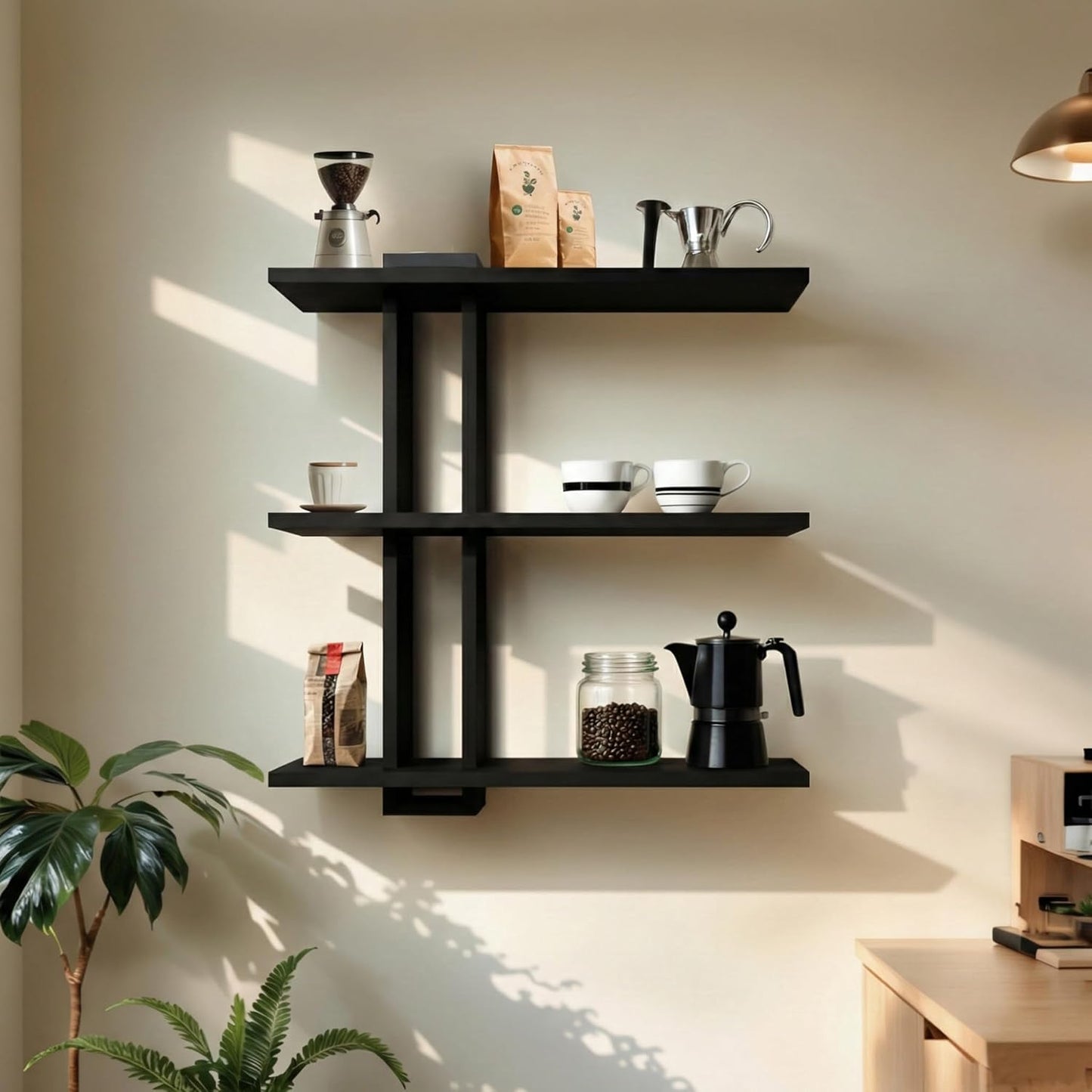 Black Floating Shelves, 3 Tier Pine Wood 20 Inch Large Wall Mounted Shelf, Storage Display for Plants Photos Books, Bathroom Bedroom Living Room Kitchen Home Office Decor