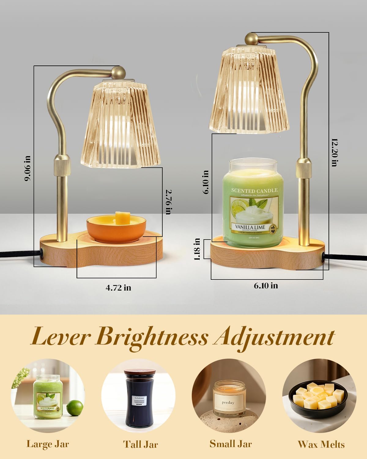 Candle Warmer Lamp, Wax Melt Warmer with 2 Bulbs for Scented Jar Candles, with Timer Dimmer Adjustable Height, Home Decor Gift for Girl Friend Mom Sister Women, No Flame No Smoke Warming Light, Amber