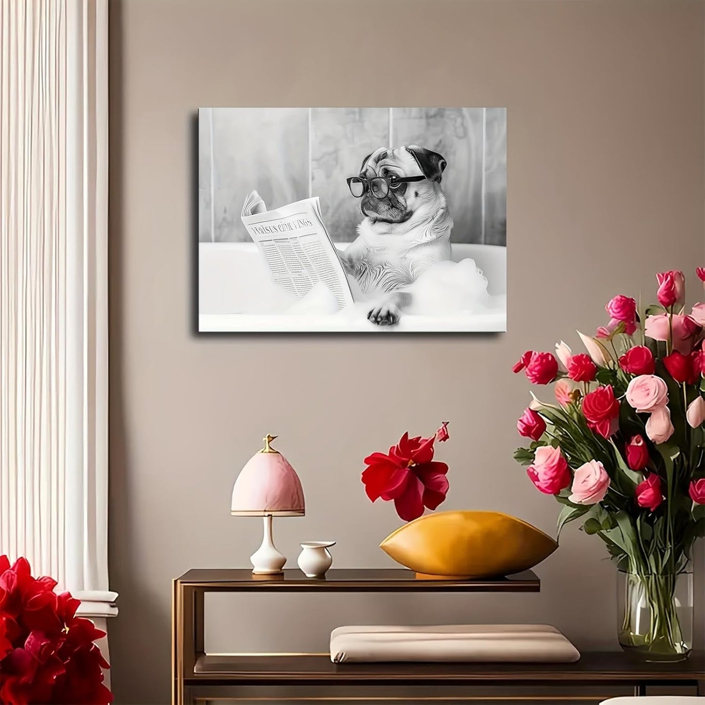 Pug in Bathtub Wall Art, Dog Reading Newspaper in Bubble Bath Poster, Black and White Print, Funny Wall Art, Bathroom Wall Decor (12x18inch Framed)