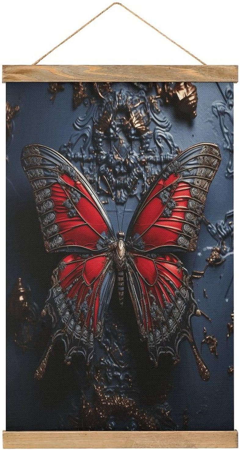 Vintage Red Butterfly Poster with Wooden Frame Personalized Linen Hanging Scroll Painting Rustic Wall Hanging Illustrative Modern Artwork Decor for Home Living Room Bedroom Office