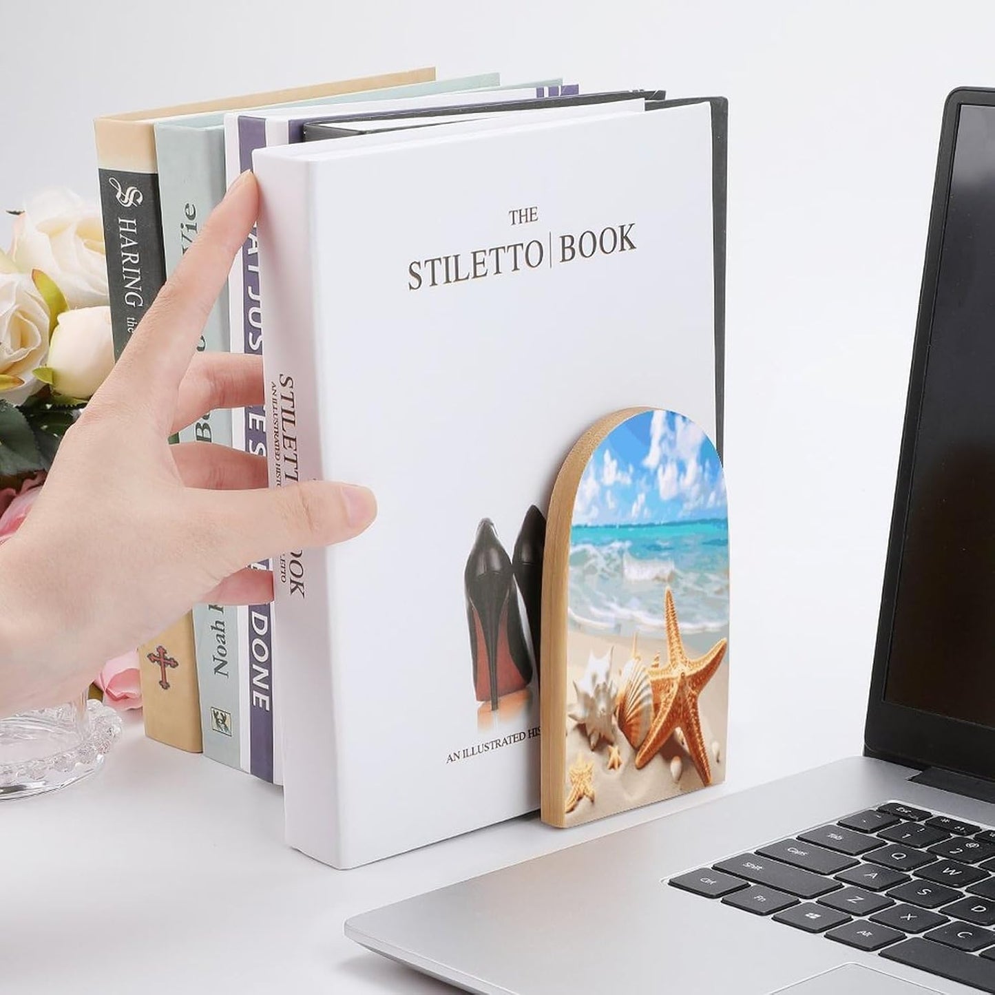 Starfish Seashell Ocean Beach Bookends 1 Pair Heavy Duty Book Ends for Shelves Non-Skid Bookend Supports Wooden Book Holders with Metal Base Desk Organizers Books Storage to Hold Books