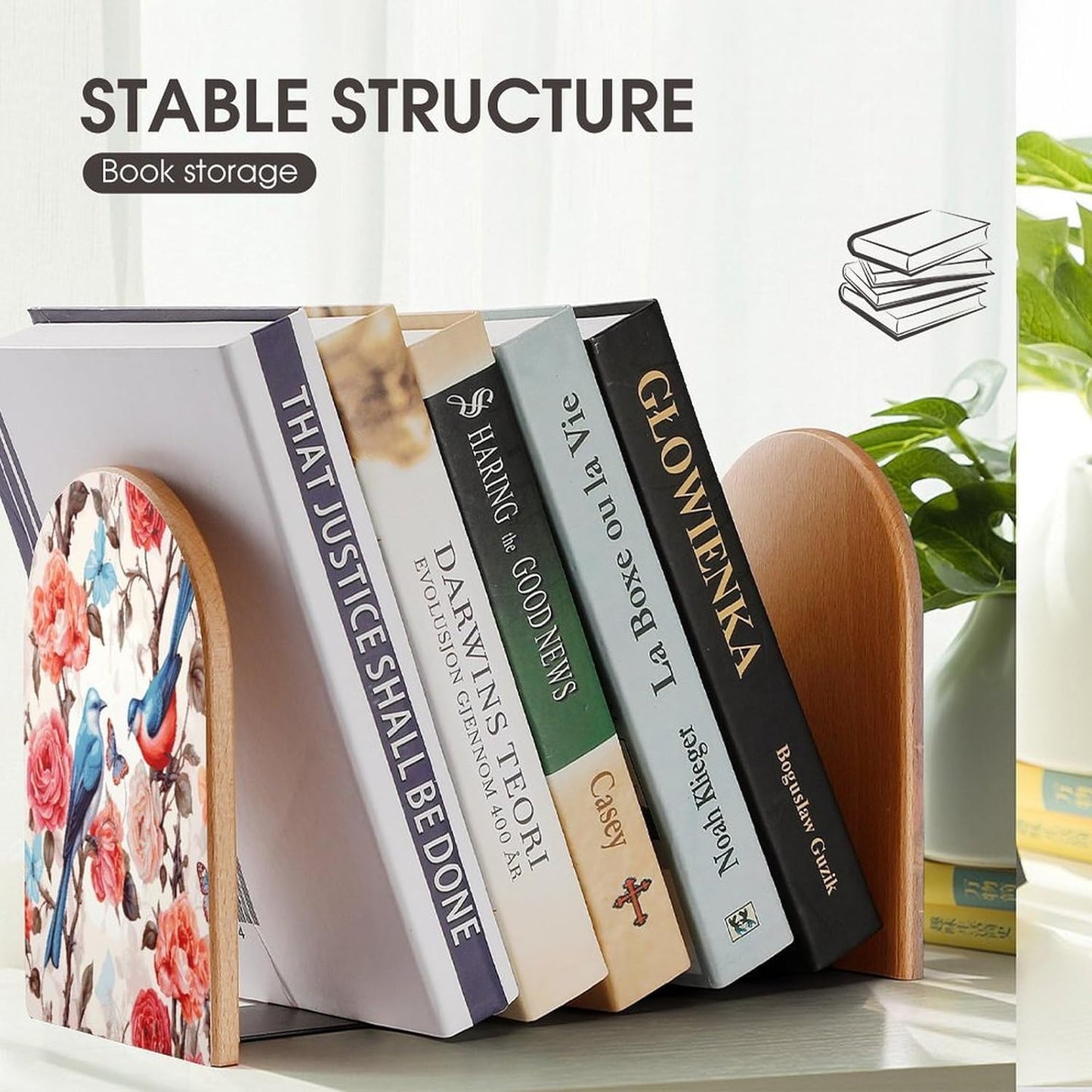 Romantic Fancy Floral Birds Butterfly Wooden Bookend Non-Slip Book Ends Heavy Duty Book Stopper with Metal Base Books Holderd Decorative Bookends Stands Firmly for Office Supplies