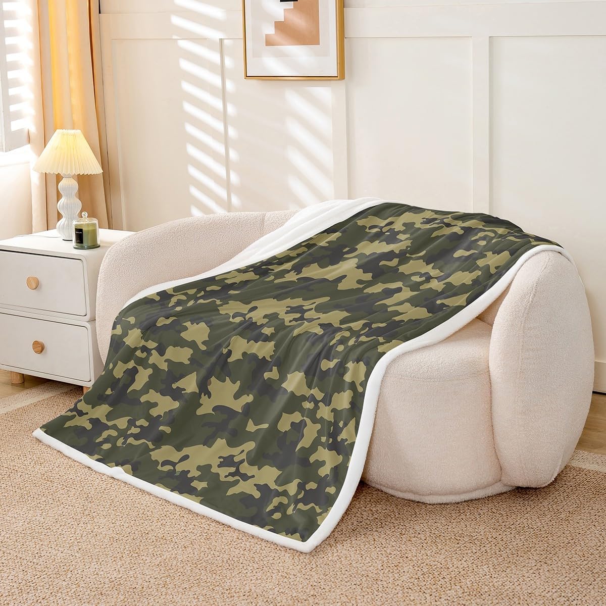 Feelyou Camouflage Sherpa Throw Blanket for Couch Duck Hunter Green Camo Hunting Super Soft Cozy Fleece Army Camouflage Blanket for Winter, Plush Throw Twin 60"x80" All Season