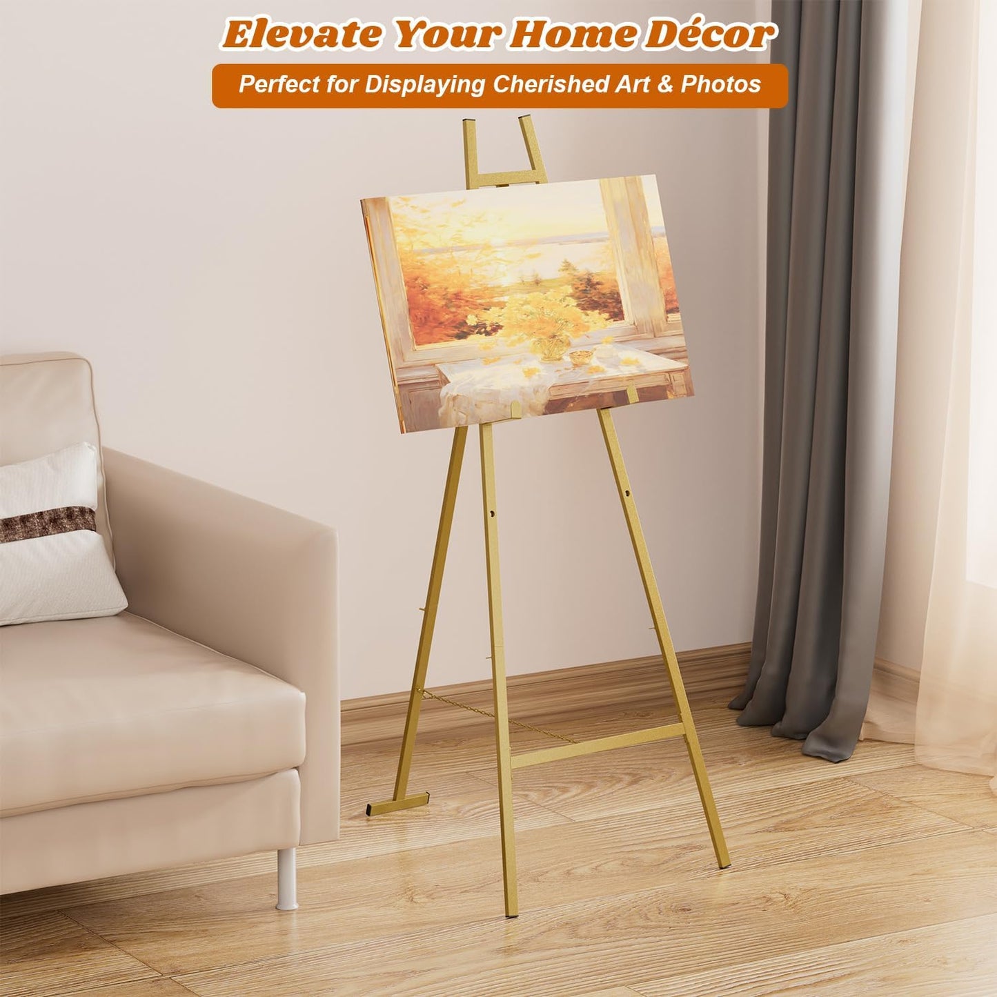 Large Easels for Display, Gold Decorative Metal Poster Easel Stand for Sign Wedding Welcome Sign Floor Stand with Adjustable Chain Support for Art, Picture Frame, Mirror (50" H)