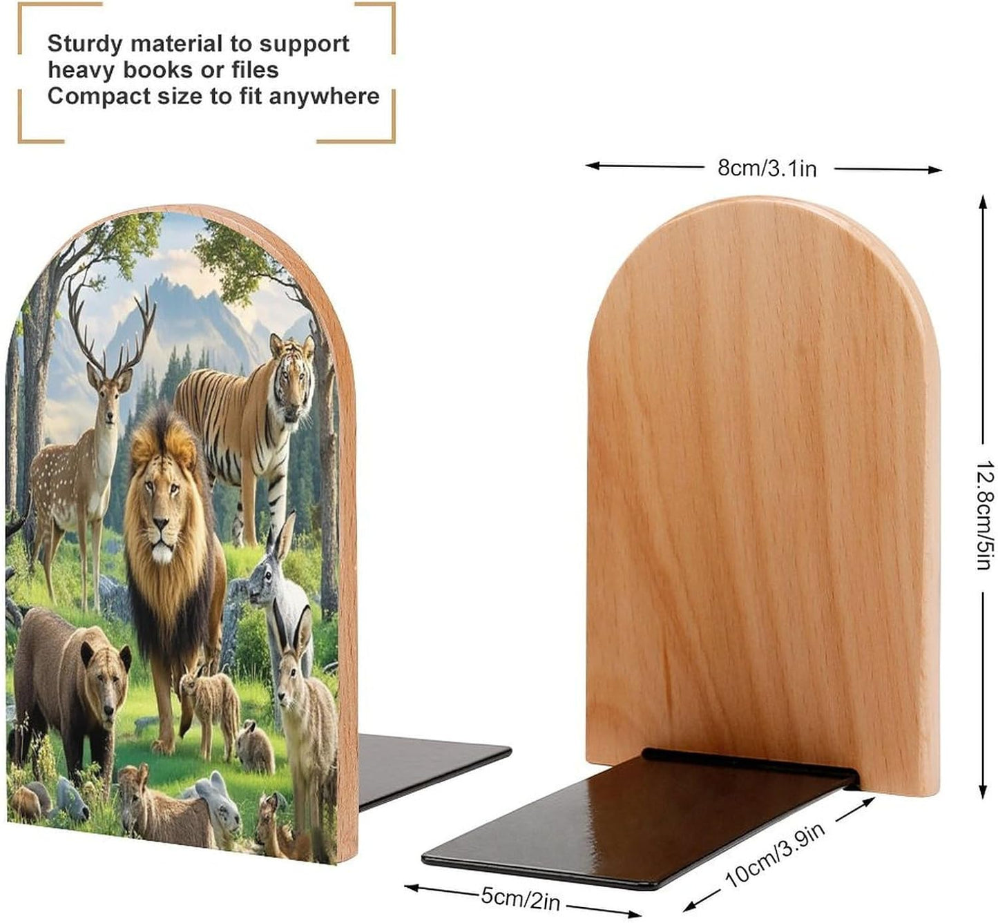 Wild Animals Bookends 1 Pair Heavy Duty Book Ends for Shelves Non-Skid Bookend Supports Wooden Book Holders with Metal Base Desk Organizers Books Storage to Hold Books