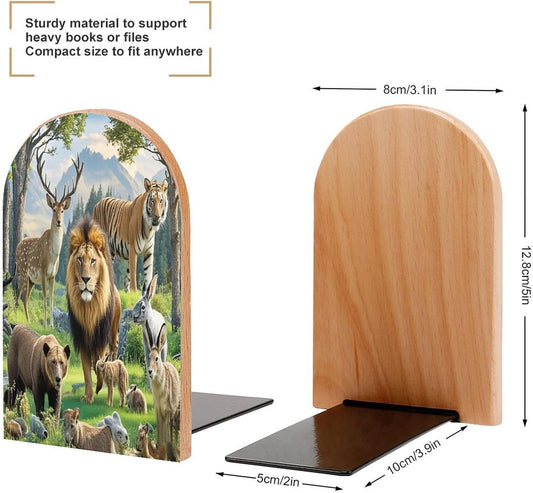 Wild Animals Bookends 1 Pair Heavy Duty Book Ends for Shelves Non-Skid Bookend Supports Wooden Book Holders with Metal Base Desk Organizers Books Storage to Hold Books