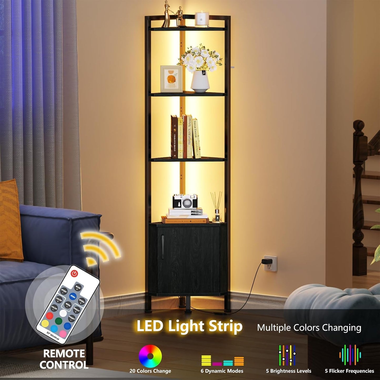 Furnulem Corner Shelf,5-Tier Corner Cabinet with Storage and LED Light, 62.8” Standing Display Bookshelf for Bedroom, Living Room, Kitchen, Wood Display Shelf (Black Oak) | with Storage, LED Light, for Bedroom, Living Room, Kitchen
