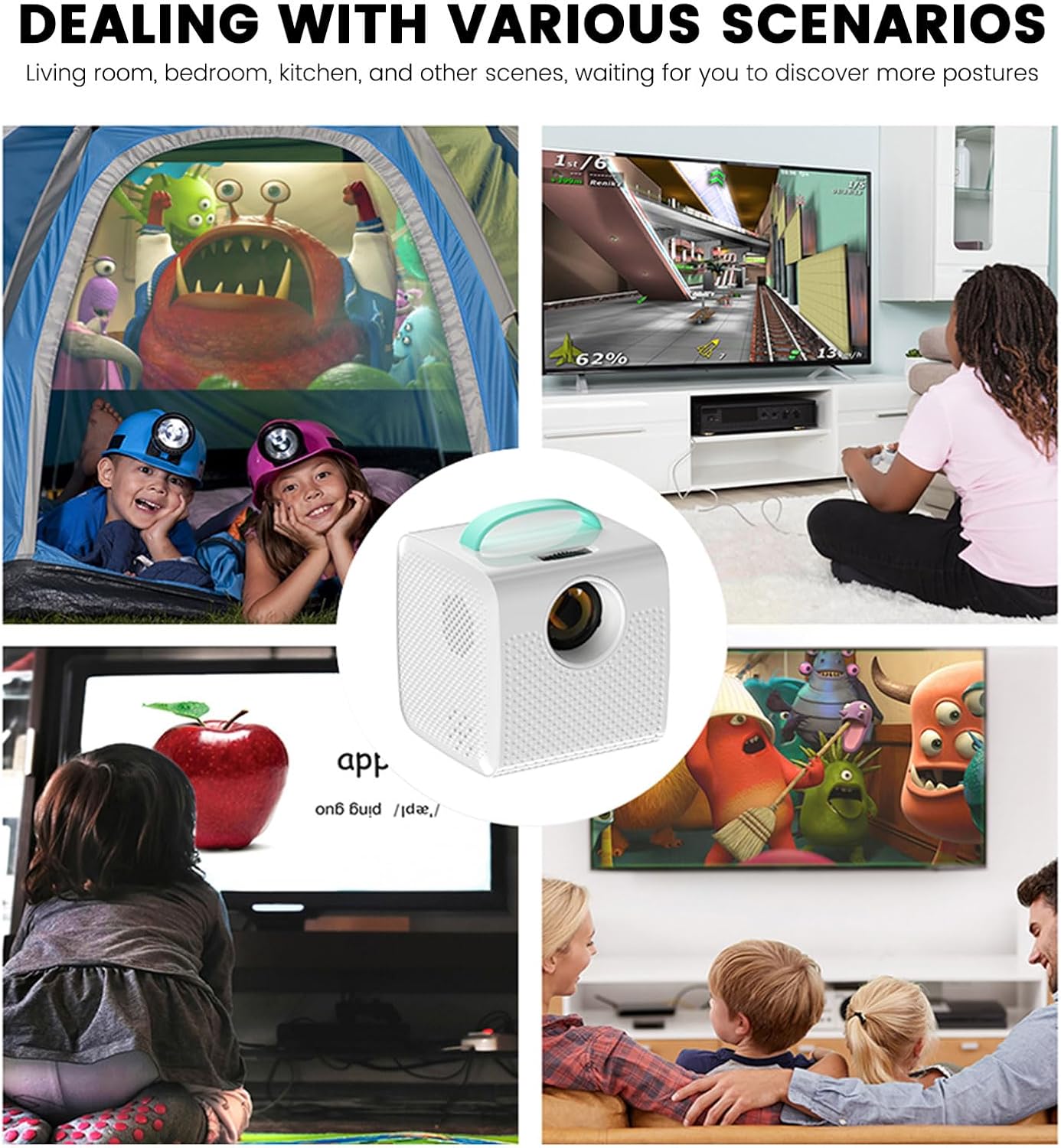Mini Projector, 1080P Support, Book Projector for Reading, Portable Projector with Handle, USB/HDMI Connection, 50 ANSI, 20"-70" Screen Video Projector for Laptop/PC/Smartphone