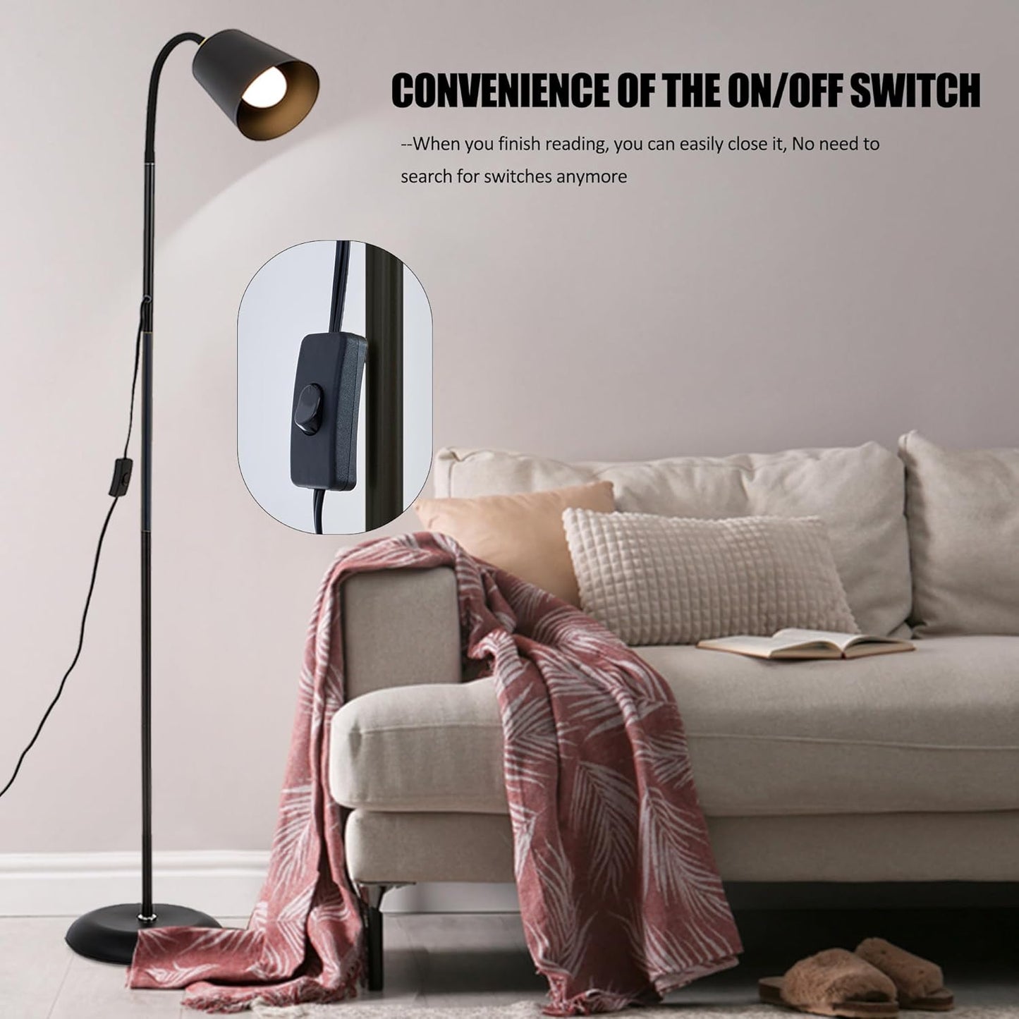 AoMck Floor Reading Lamp, Industrial Standing Lamps for Living Room with Adjustable Bendable, 2 in 1 Reading Table Lamps for Living Room Bedroom Office, 12W LED Bulb Included (Black Poles)