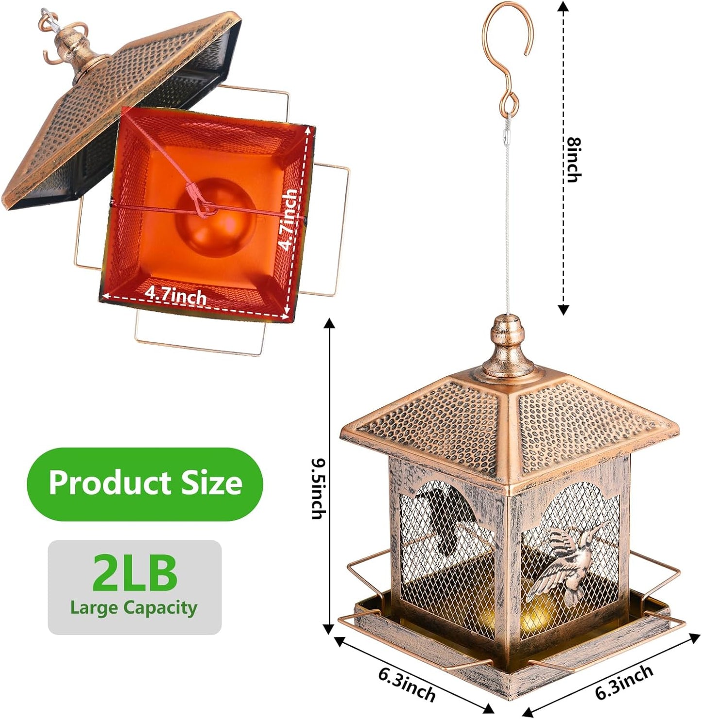 LBTING Bird Feeder for Outside, Metal Square Lantern-Shaped Bird Feeder with Polka Dot Patterned Roof, Wild Bird Feeders for Hanging Outdoor Garden Yard