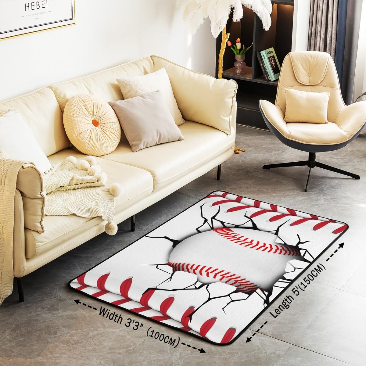 Erosebridal Baseball Area Rug 3x5, Ball Sports Rectangular Carpet for Living Room Bedroom, Vintage Laces Games Printed Kids Girls Washable Indoor Floor Mat, White Red Sports Theme Decorative Rug