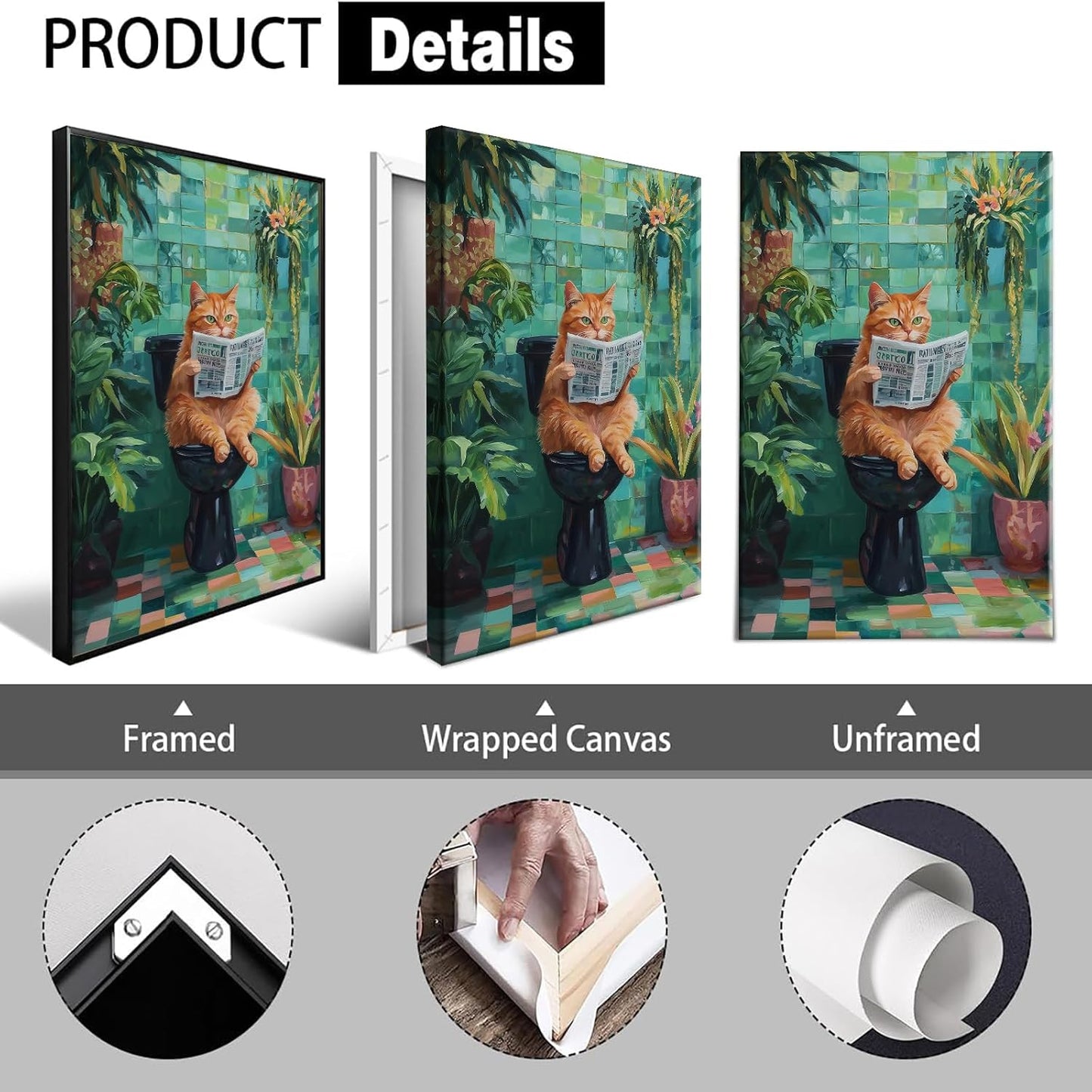 KIJDID Funny Cat On Toilet Reading Newspaper Canvas Wall Art Cute Cat Bathroom Aesthetic Posters Farmhouse Humor Animal Art Picture Painting For Living Room Restroom Wall Decor 12x16in Unframed