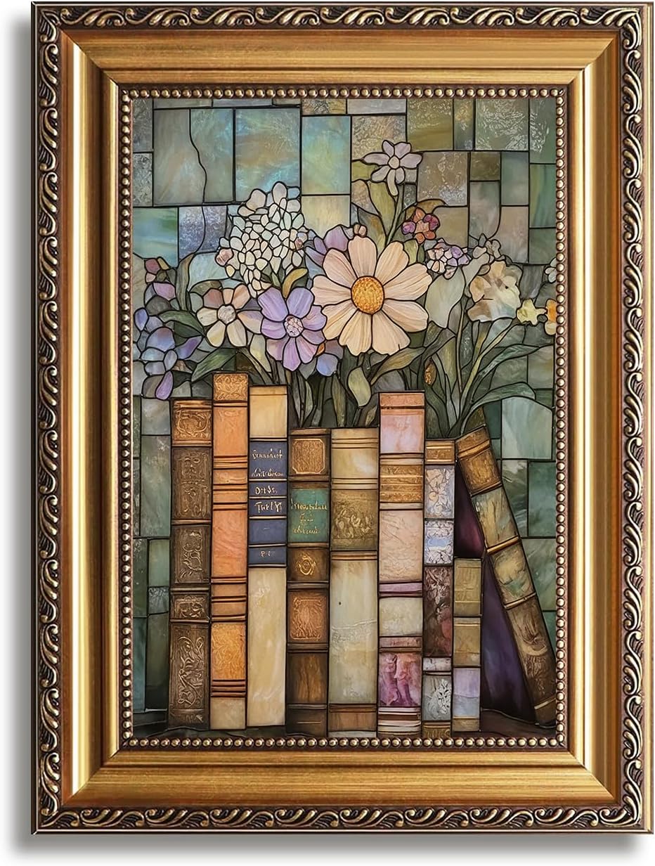 KBKBART Vintage Gold Framed Book Wildflower Wall Art Moody Stained Glass Book Lover Wall Decor Painting Poster Canvas Prints for Bedroom Living Room Office 9x12 inch