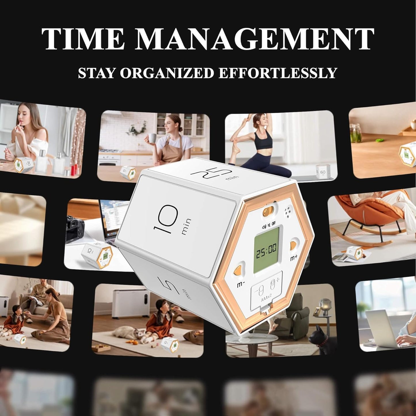 Hexagon Flip Timer, Kitchen Timer for Cooking, Various Time Presets, LCD Digital Display, Magnetic Suction, Mute Alarm Modes, Practical Gift Ideal for Study, Office, Gym, Kitchen, etc. (White)