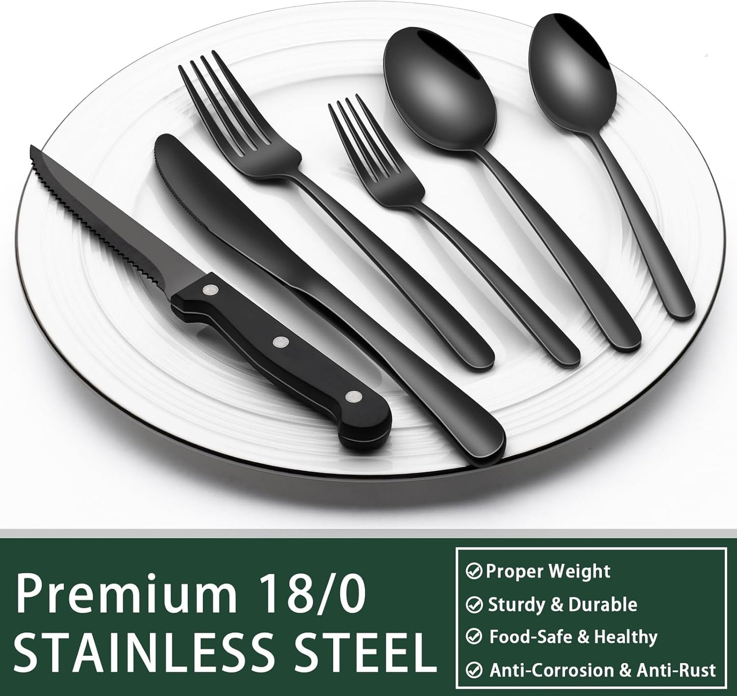EWFEN 24-Piece Black Silverware Set with Steak Knives, Black Flatware Set for 4, Food-Grade Stainless Steel Tableware Cutlery Set, Mirror Finished Utensil Sets for Home Restaurant, Heavy Duty