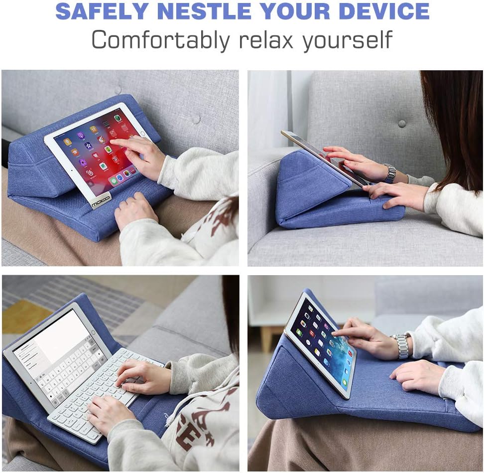 Moko Tablet Pillow Stand, Soft Bed Pillow Holder Xmas Gift for up to 11" Pad, Fits iPad 10.2"(9th Gen), New iPad mini 6 8.3" Air 4/3, iPad Pro 11/10.5/9.7, Mini 5 4, Galaxy Tab S6/S7 11", Denim Blue
