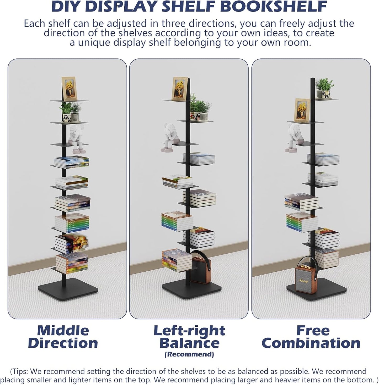 Choowin 9-Shelf Metal Spine Bookshelf Vertical Bookshelf, Adjustable Modern Floating Narrow Tree Book Shelf Book Tower, Display Shelf for Bedroom Living Room Office, 70 inch Tall, Black