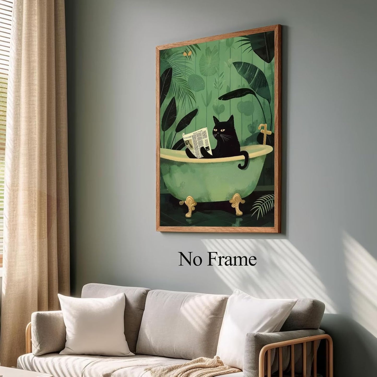 Funny Black Cat Wall Art Bathroom Cute Black Cat Reading Newspaper Picture Animal Bathtub Art Green Small Trendy Paintings Aesthetic Washroom Bathroom Wall Art Trendy Animal Poster 16x24inch No Frame