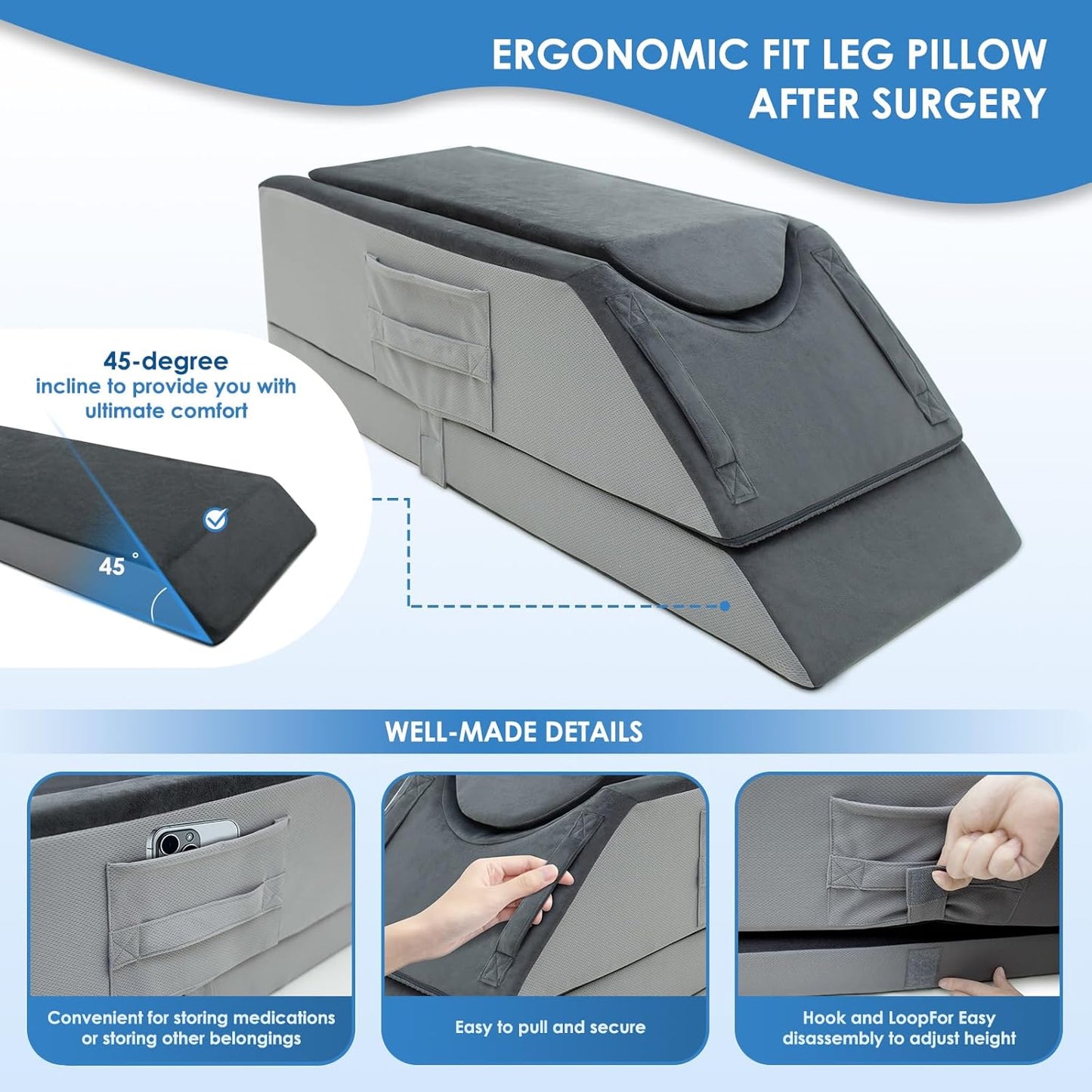 Leg Elevation Pillows for After Surgery,4-Height Adjustable Leg Elevating Pillow,Knee Surgery Recovery Equipment,Improving Blood Circulation,Ankle/Foot Surgery Swelling, Washable Cover