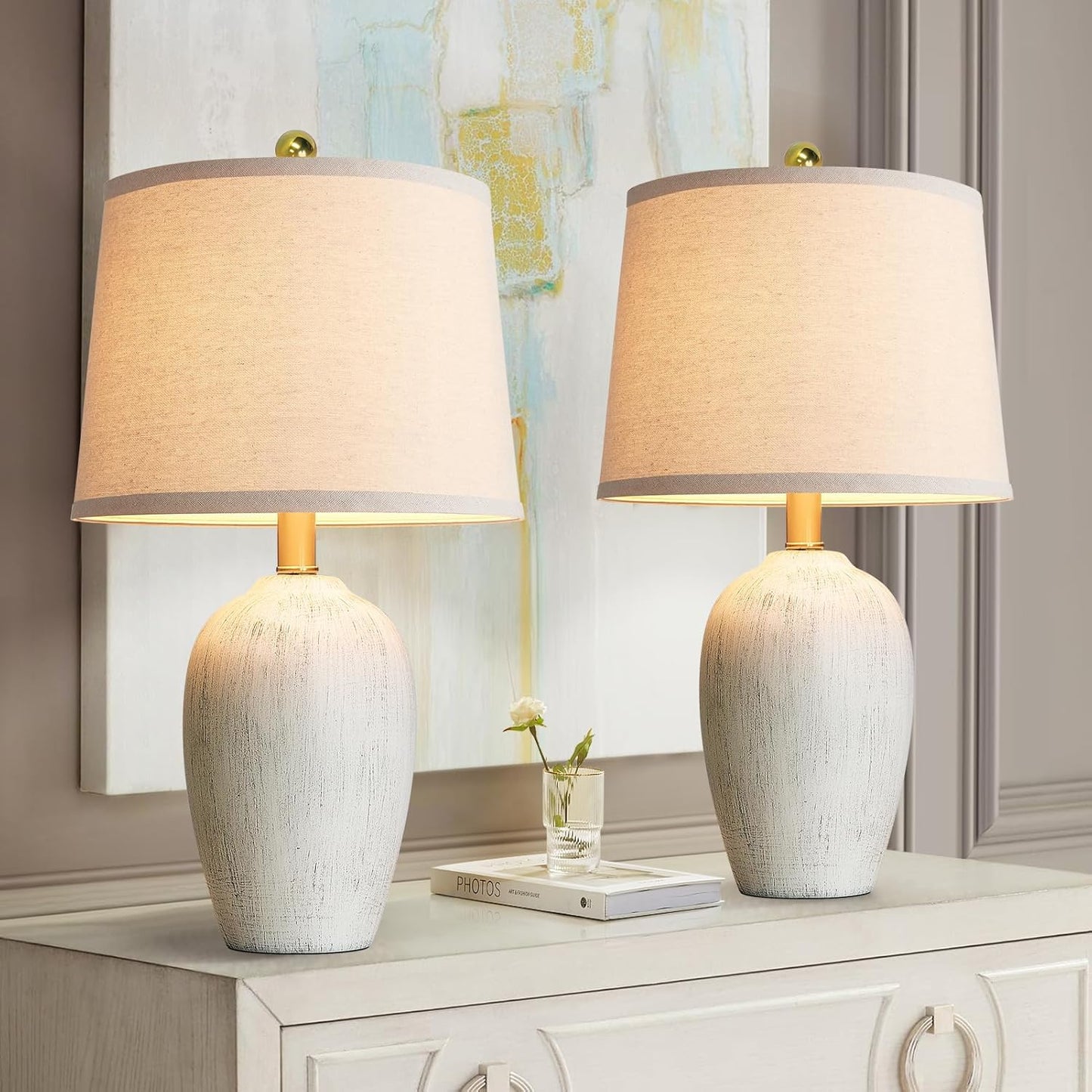 21'' Set of 2 Rustic Ceramic Small Table Lamps for Living Room Bedroom, Farmhouse Vintage Nightstand Lamps for Office Entryway End Table, 2 Bulbs Included