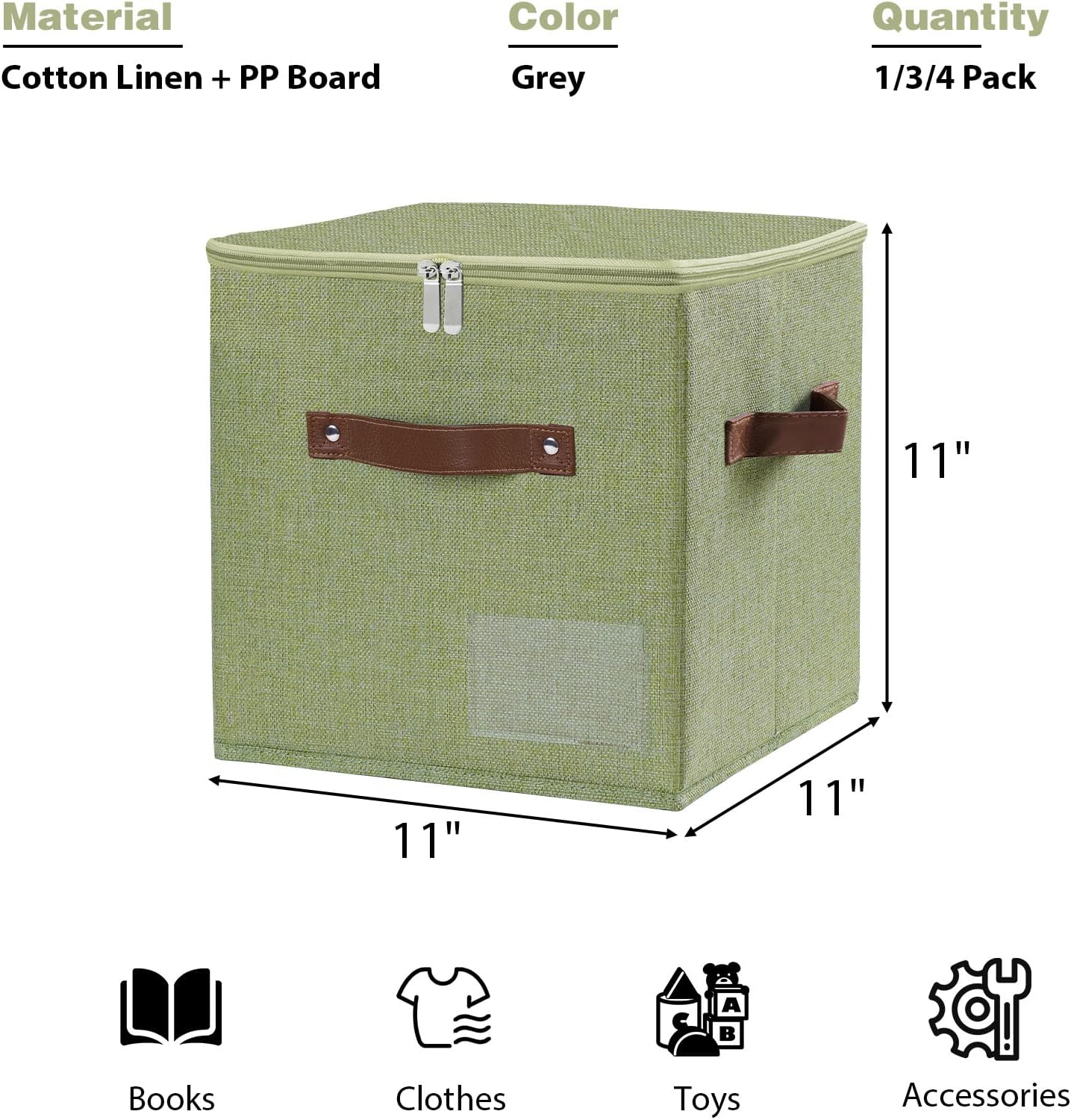 Storage Cubes with Zipper Lid, 11x11x11in Fabric Lidded Storage Boxes Baskets, 1 Pack Foldable Washable PU Leather Handle Cotton Linen Fabric Shelf Closet Organizer Container (Green, Label Pocket)