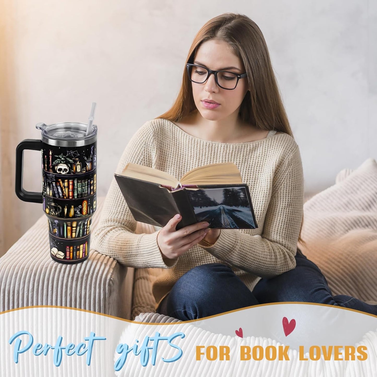 Book Lovers Gifts 40oz Book Lover Tumbler Halloween Goth Skull Bookshelf Coffee Travel Mugs Christmas Insulated Cup Gifts for Women Readers,Reading,Bookish,Librarian