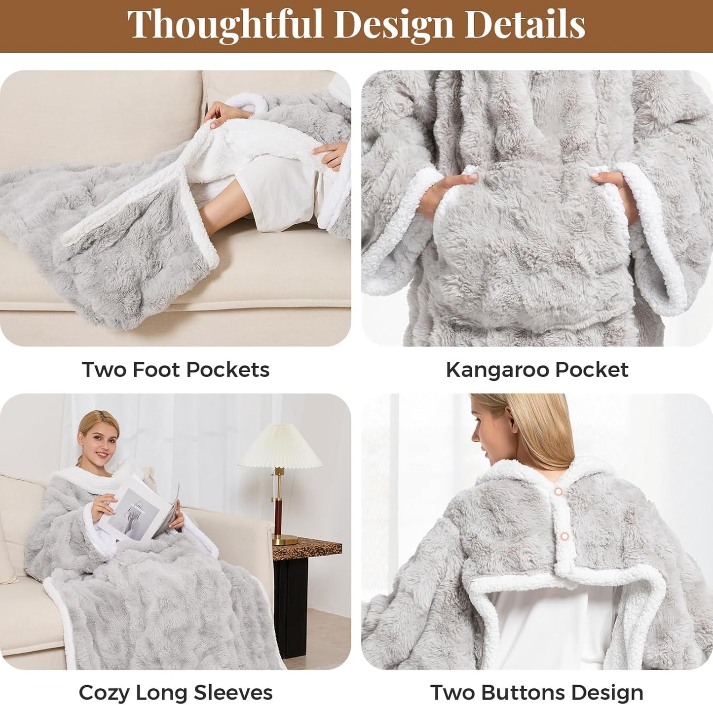Wearable Heated Blanket, Luxury Faux Fur & Sherpa Electric Throw Blanket with Sleeves, Foot Pockets, Heated Robe for Women Men Gift, 3 Heat Levels & 12H Timer, ETL & FCC Certified, 52"x 72" Light Grey