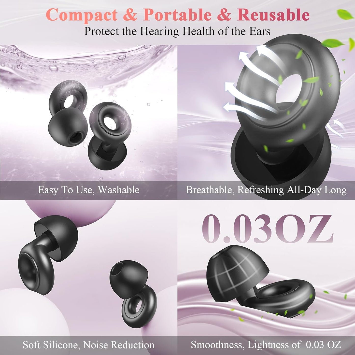 Ear Plugs for Sleeping Noise Cancelling, 30dB Noise Reduction Earplugs, Soft Silicone Reusable Hearing Protection Earplugs for Deep Focus, Work, Travel, Concert with Case & 8Eartips,HTB-Black