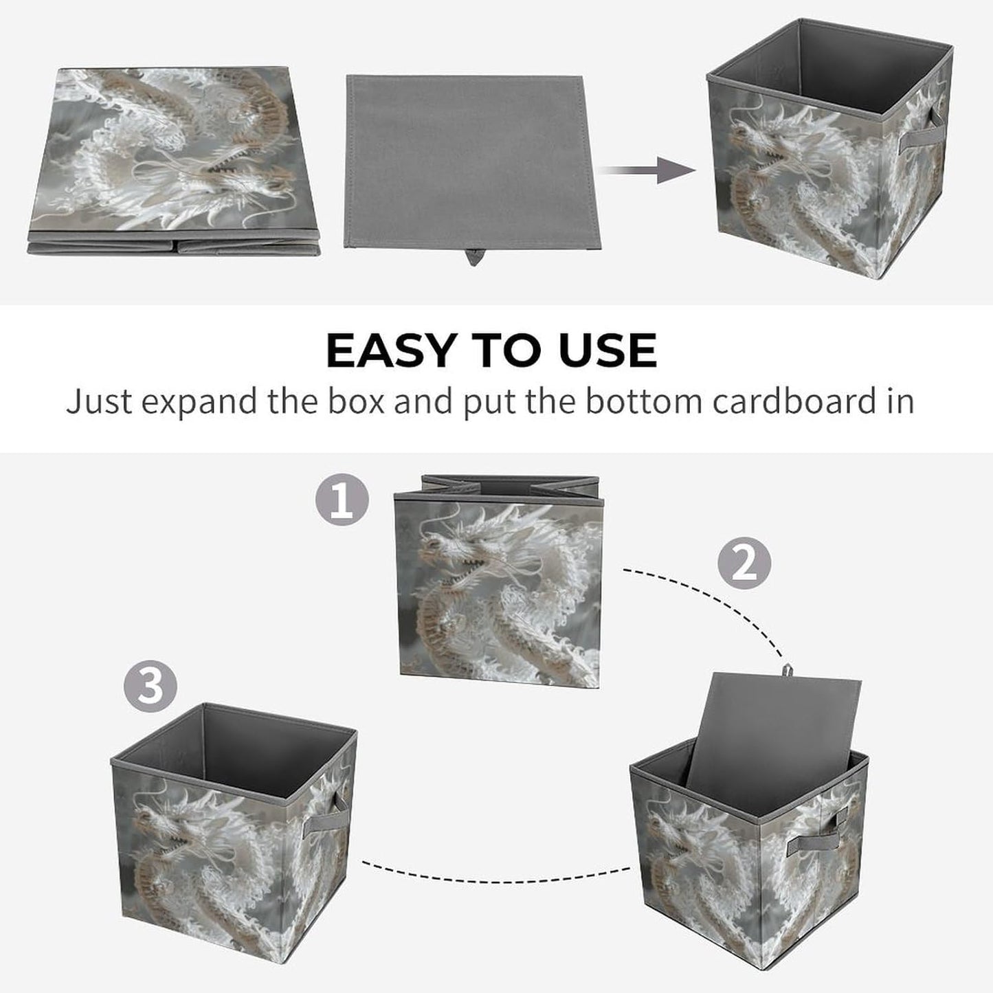 White Dragon Style Storage Bins with Handles Fashion Large Storage Cubes Sturdy Foldable Storage Boxes Space-Saving Storage Baskets for Home Office Clothes Closet Organizers