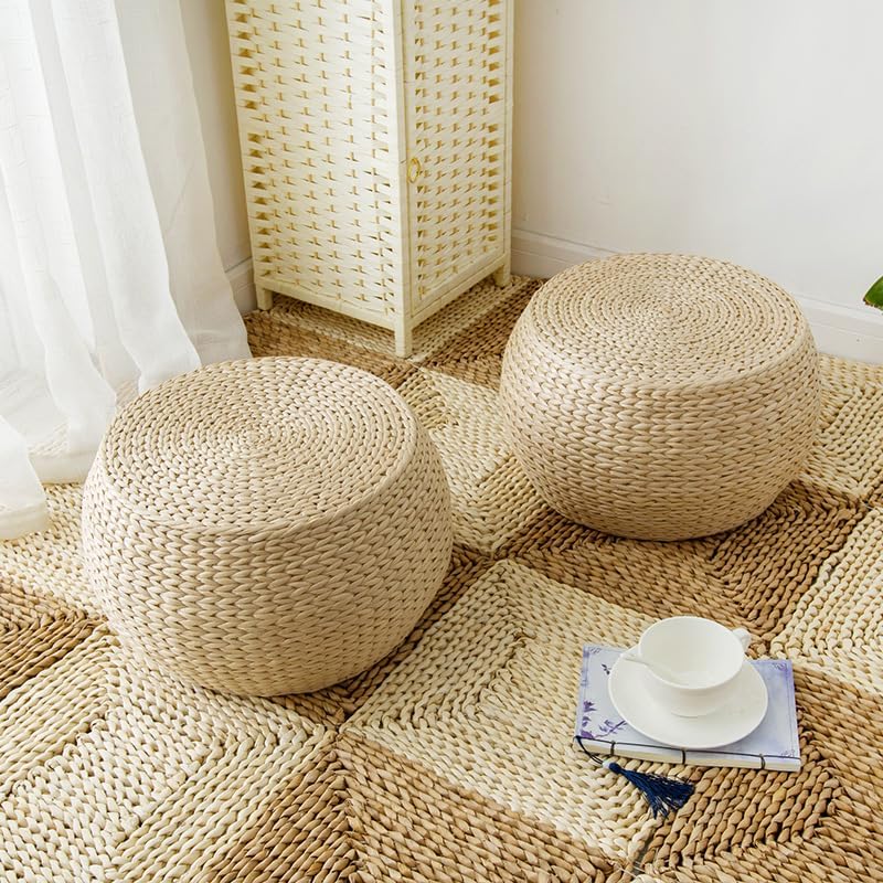 Natural Straw Round Pouf Ottoman, Handwoven Boho Footstool with Wood Frame for Living Room Bedroom Patio Garden (12.2"x12.2"x8.7")
