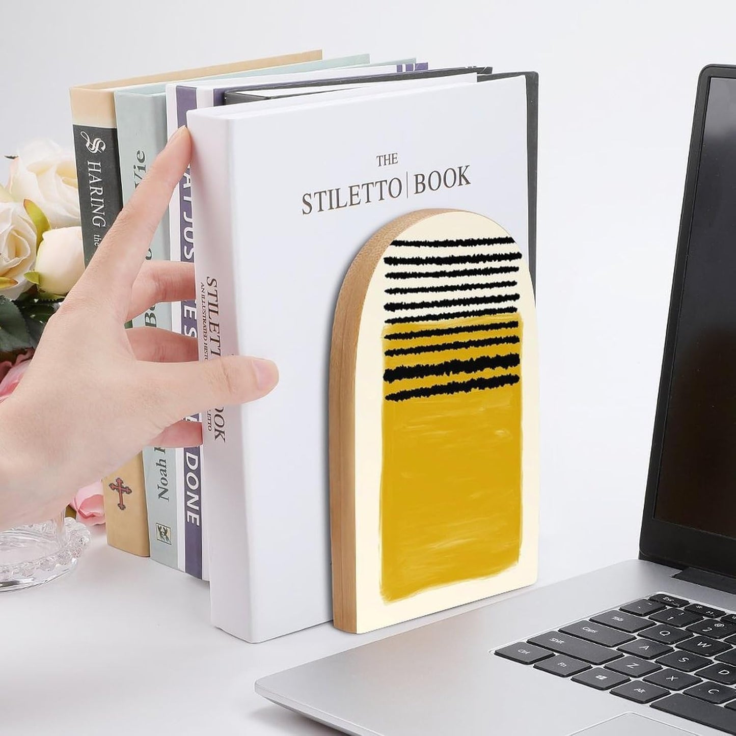 Mustard Yellow Lines Wooden Bookend Non-Slip Book Ends Heavy Duty Book Stopper with Metal Base Books Holderd Decorative Bookends Stands Firmly for Office Supplies