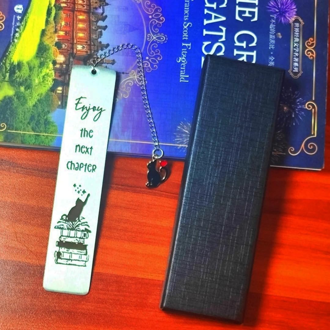 Cat Metal Bookmark, Engraved 'Enjoy The Next Chapter', Stainless Steel, 5.1 x 1.02 Inches