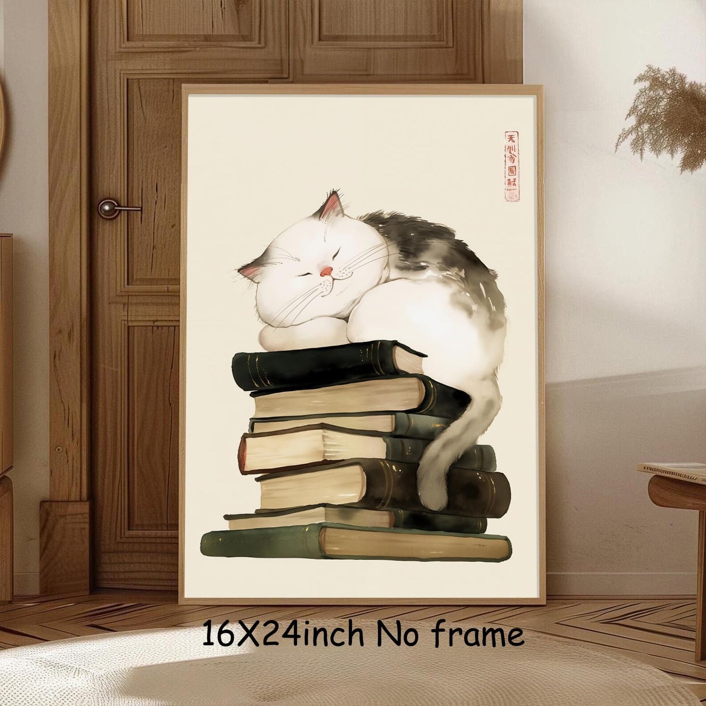 Japanese Vintage Cat Poster Animals Reading Books Poster Japan Painting Cute Cat Print Japanese Animal Wall Art Vintage Book Pictures Japan Aesthetic Posters Watercolor Animal Artwork 16x24in Unframed