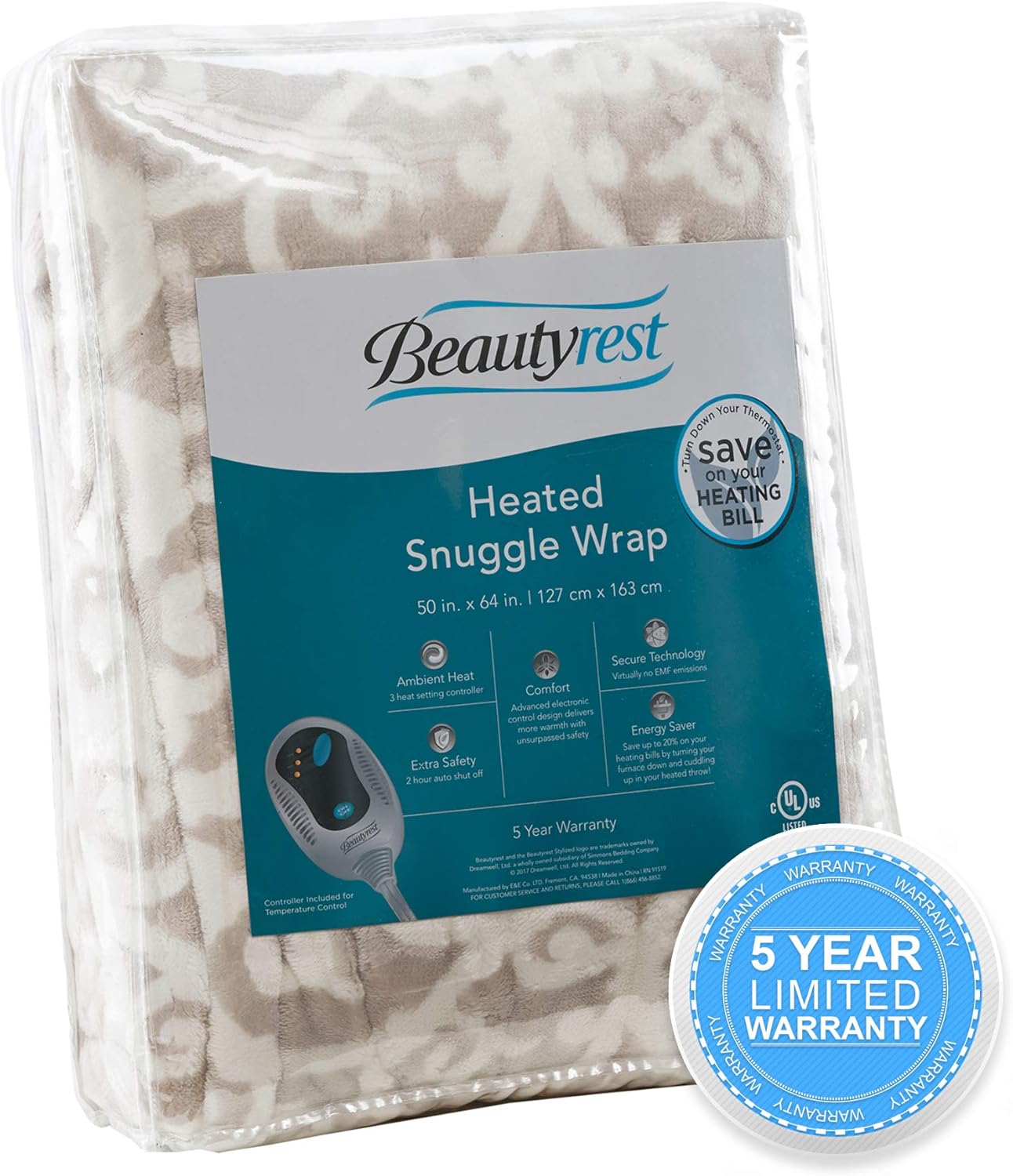 Beautyrest Wearable Electric Poncho Wrap Blanket, Ultra Soft Sherpa & Berber Fleece Heated Throw, UL Certified & Oeko-TEX, 3 Heat Settings & 2 Hour Auto Shutoff, Gift-Ready, 50" x 64", Grey Lattice