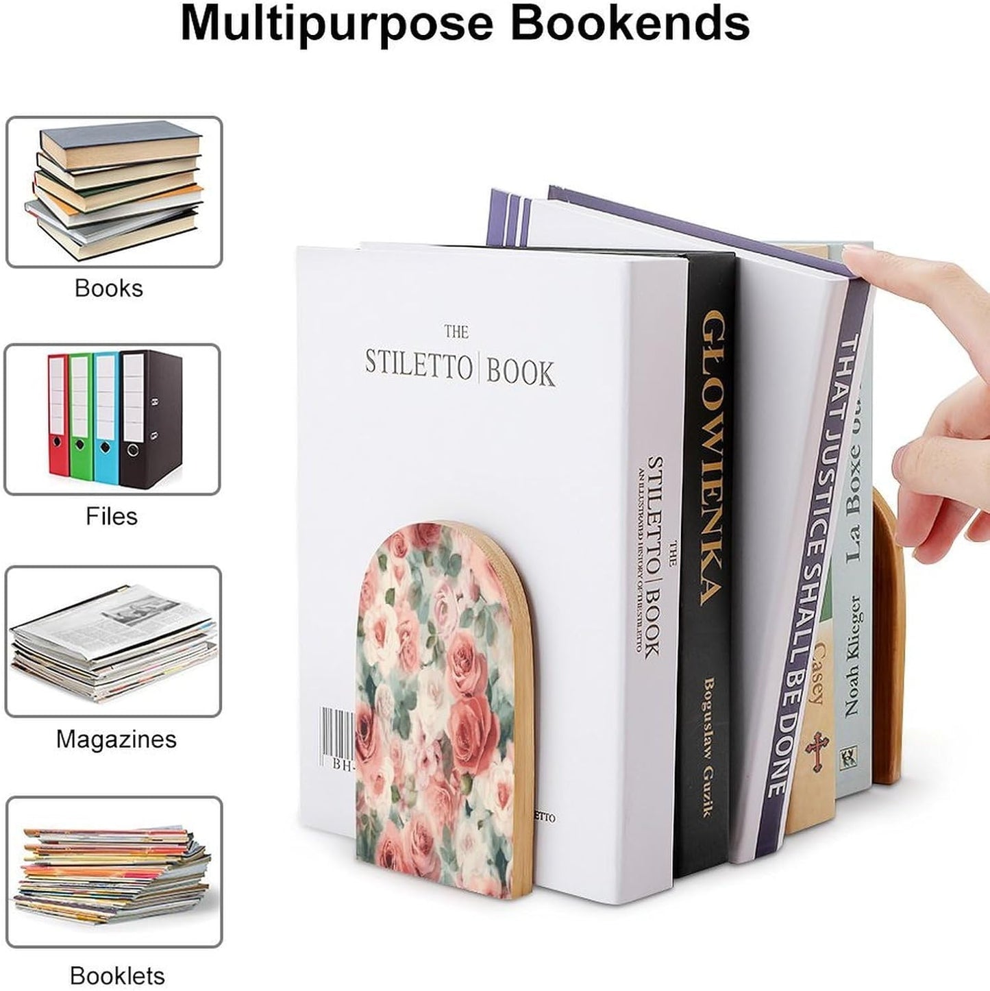 Soft Color Pale Faded Mix of Roses Bookends 1 Pair Heavy Duty Book Ends for Shelves Non-Skid Bookend Supports Wooden Book Holders with Metal Base Desk Organizers Books Storage to Hold Books