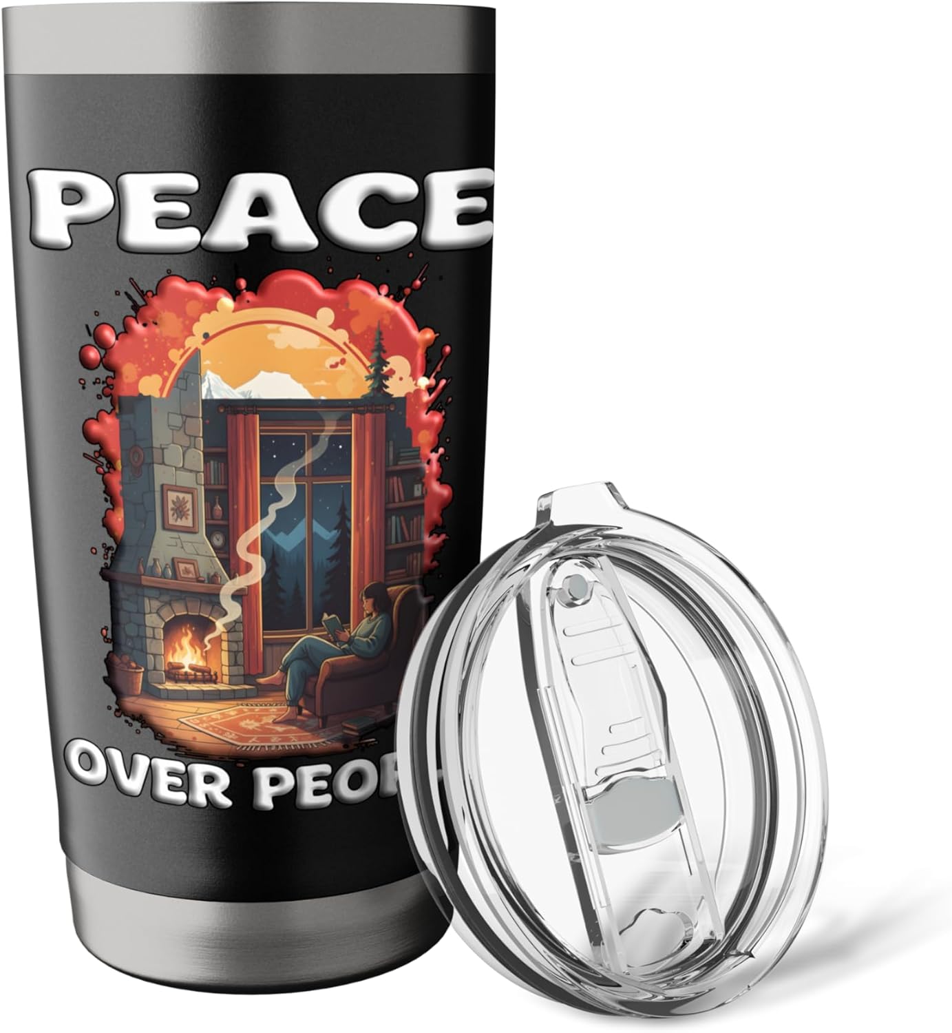 PEACE OVER PEOPLE Reading at the Fireplace Home Alone Free Stainless Steel Insulated Tumbler