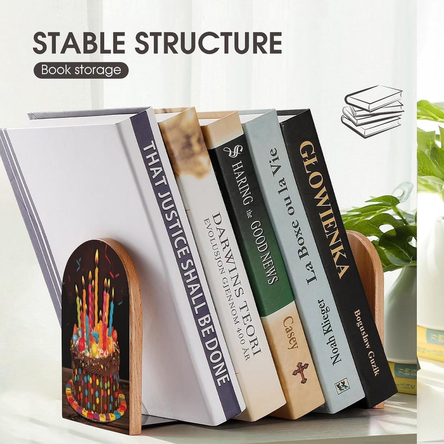 Happy Birthday Big Cake Bookends 1 Pair Heavy Duty Book Ends for Shelves Non-Skid Bookend Supports Wooden Book Holders with Metal Base Desk Organizers Books Storage to Hold Books