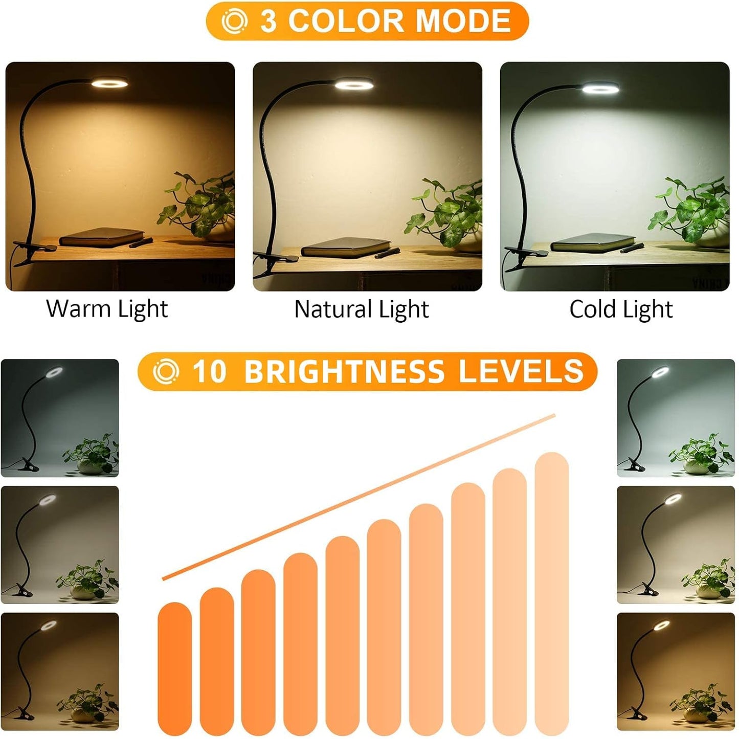 Dpower Clip on Light Reading Lights, 48 LED USB Desk Lamp with 3 Color Modes 10 Brightness, Eye Protection Book Clamp Light, 360 ° Flexible Gooseneck Clamp Lamp for Desk Headboard Video Conferencing