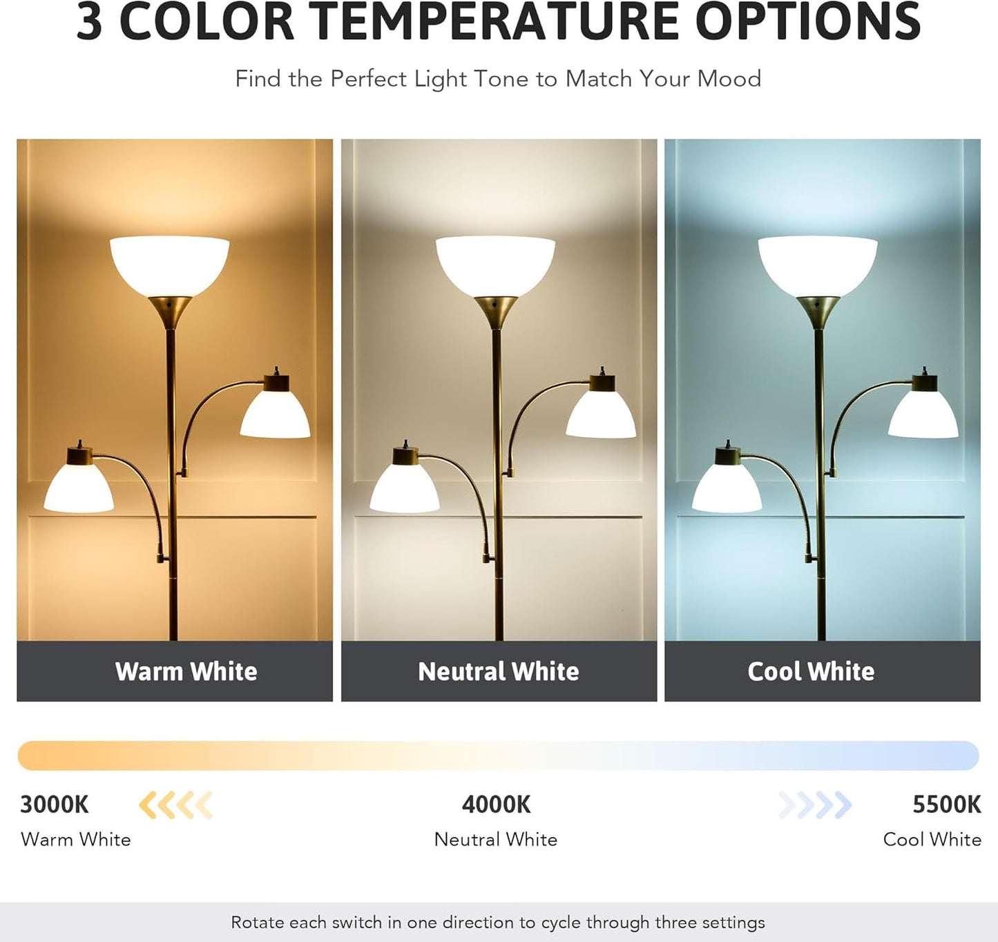 VONLUCE 71" Floor Lamp for Living Room with 3 Bulbs, Standing Lamp with Adjustable Reading Light, Modern Torchiere Floor Lamp with 3 Color Temperatures, Tall Lamp for Bedroom Corner, Nickel