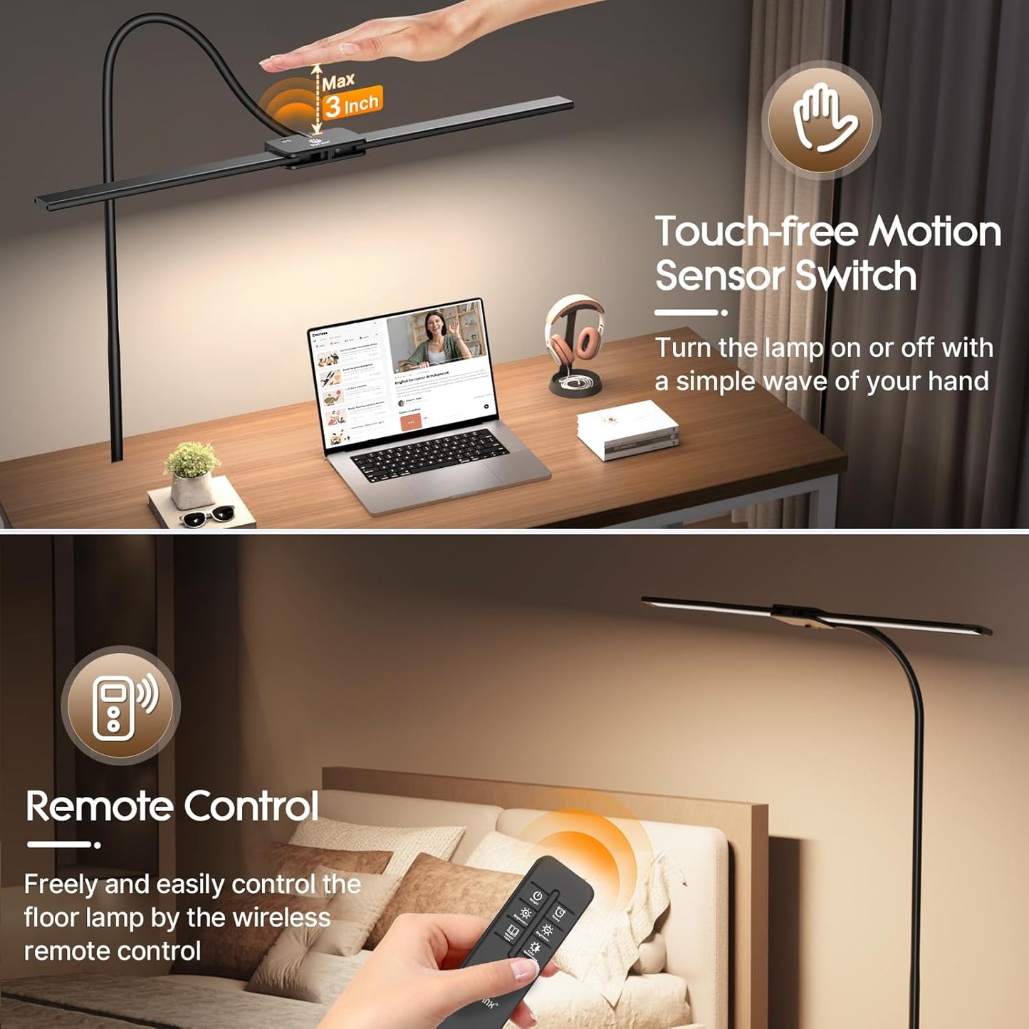 Syrinx LED Floor Lamp, 14W 2000LM Bright Reading Floor Lamp for Office, Gesture & Remote Control, Dual Head Goose-Neck Standing Lamp, Dimmable Brightness & Color Temp, Eye Caring Light for Living Room