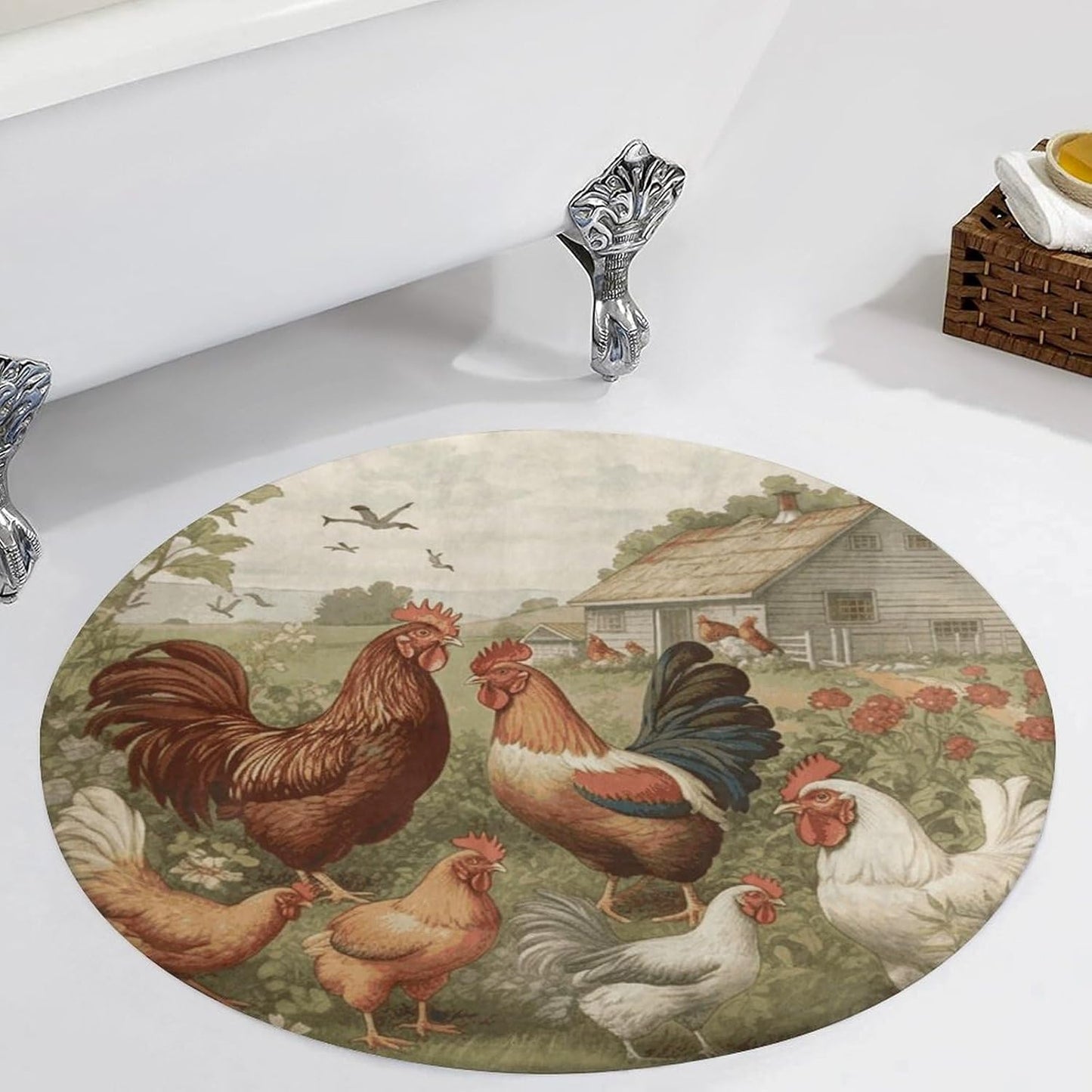 Chickens and Farm Circle Rug Retro Luxury Coral Velvet Floor Mat Non Slip Soft Indoor Floor Carpet Comfy Thickened Area Rugs Modern Aesthetic Minimalist Carpets for Home Decor