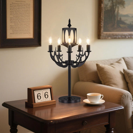 Wellmet Vintage Black Table Lamp, 5-Light Farmhouse Modern Table Lamp, for Living Room, Entryway, Hallway, Bedroom, Reading Room, (E12 Bulb Base)