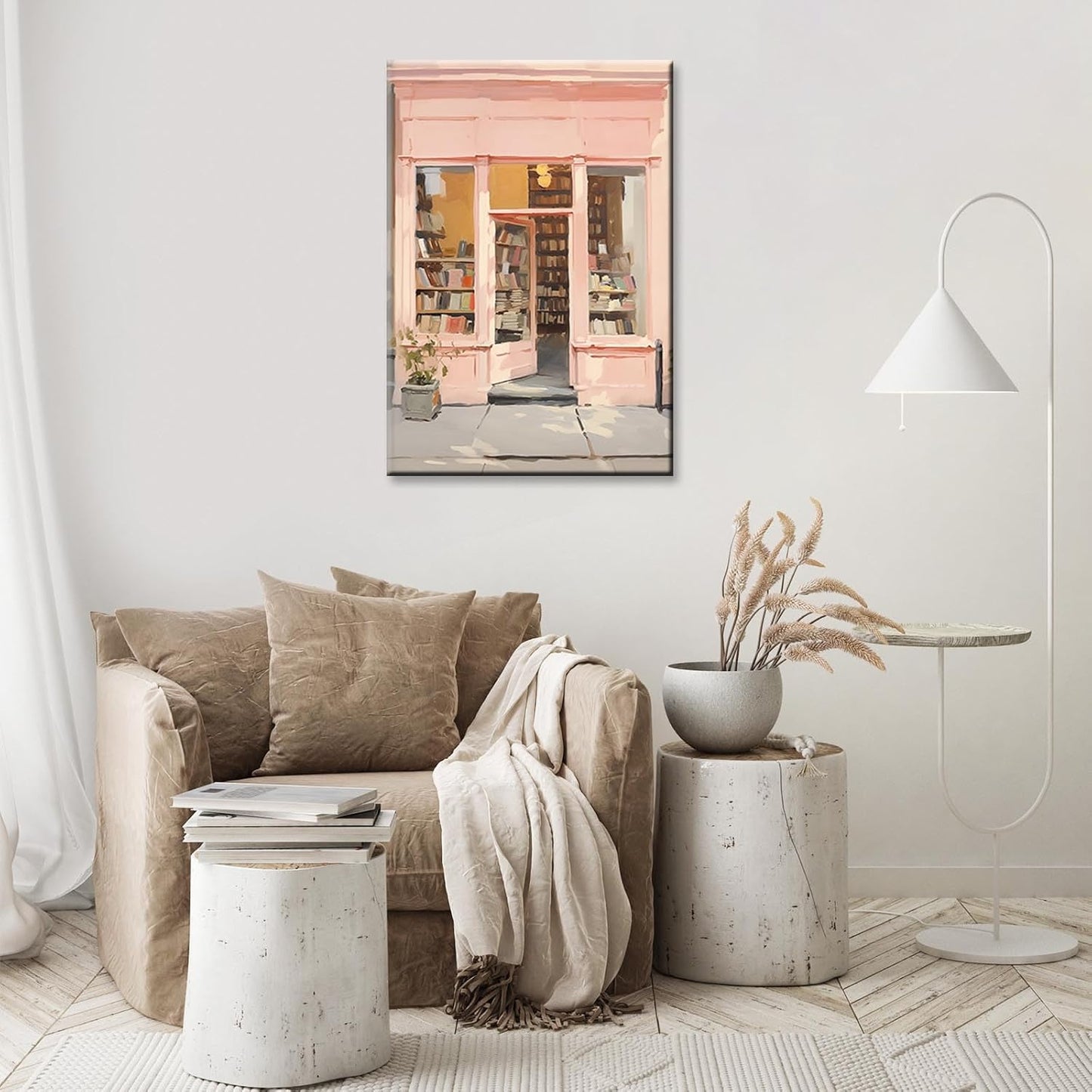 Classic Pink Library Canvas Wall Art Watercolor Pink Book Store Poster Modern Bookish Literary Reading Aesthetic Paintings Soft Girl Room Wall Decor For Bedroom Dorm Apartment 12x16in Unframed