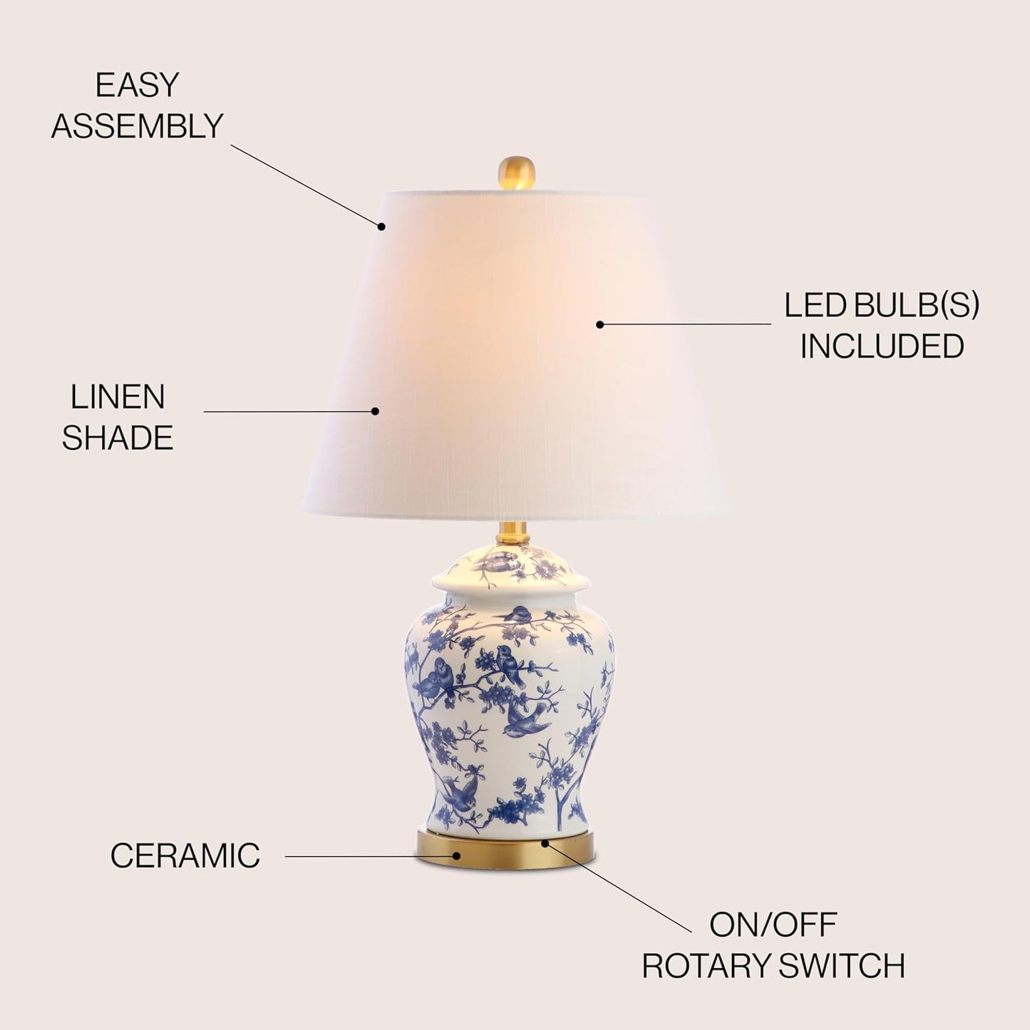 JONATHAN Y 22" Blue/White Ceramic Table Lamp, French Country Chinoiserie Ginger Jar LED Bedside Lamp for Living Room Bedroom, White Linen Shade, JYL3005A